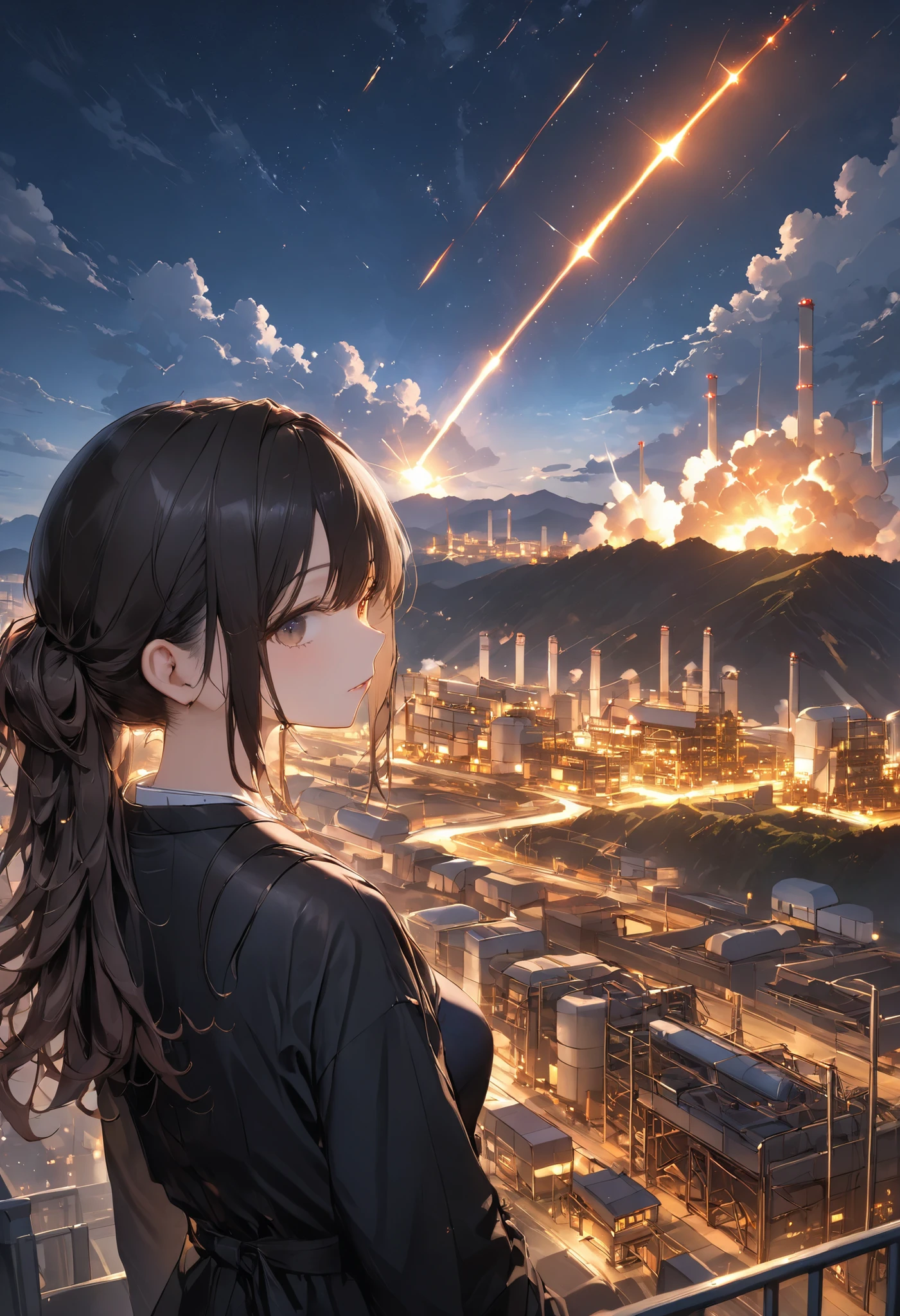 from the top of a small mountain、The factory in front of you、Factory night view、Jewel Illumination、Girl watching 、meteor、空から降り注ぐmeteor、無数のmeteor群、