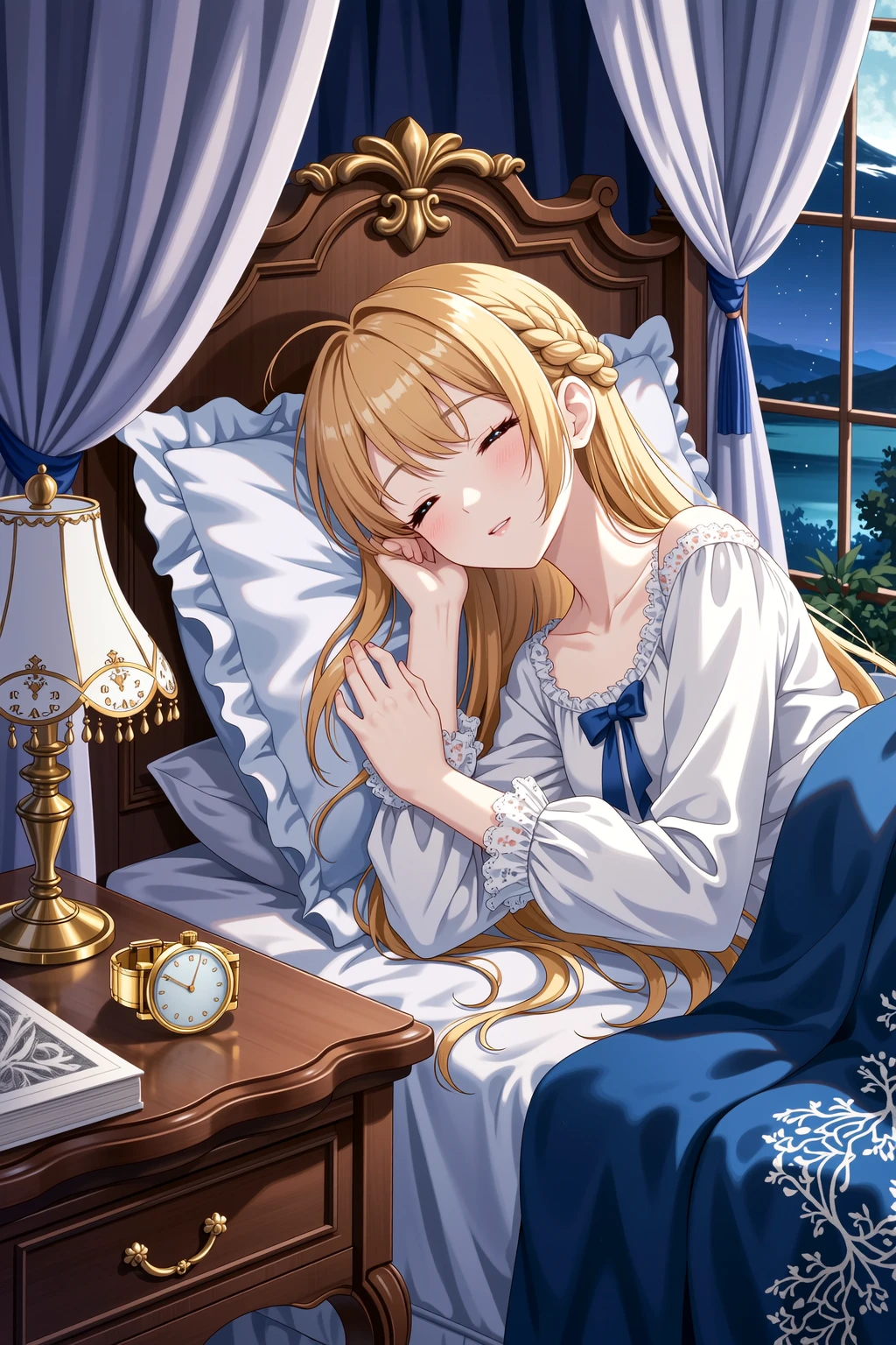 Close-up of an 18-year-old noble daughter joyfully receiving a golden wristwatch from her father
focus on daughter's delighted face, large round golden eyes, straight long golden hair, smooth fair skin, subtle smile
daughter holds the golden wristwatch with both hands, front visible
realistic anime style
BREAK
watch detail: small, delicate women's wristwatch, round dial, gold bezel, thin gold strap, elegant and refined, not overly ornate
father's hand reaching in to give the watch, soft lighting highlighting metal and hand details
BREAK
warm indoor light, soft bokeh background, subtle hints of luxurious medieval-style room, wooden furniture, tapestries
ethereal realism, high detail facial expressions and hands, watch gleaming subtly
BREAK
quality enhancement: ultra-detailed, ultra-realistic textures, cinematic lighting, sharp focus on face, watch, and hands, realistic reflections, intricate fabric folds, high resolution, photorealistic skin and hair
BREAK
negative prompt: deformed , extra limbs, low detail, messy background, harsh shadows, unnatural proportions, blurred faces, modern elements