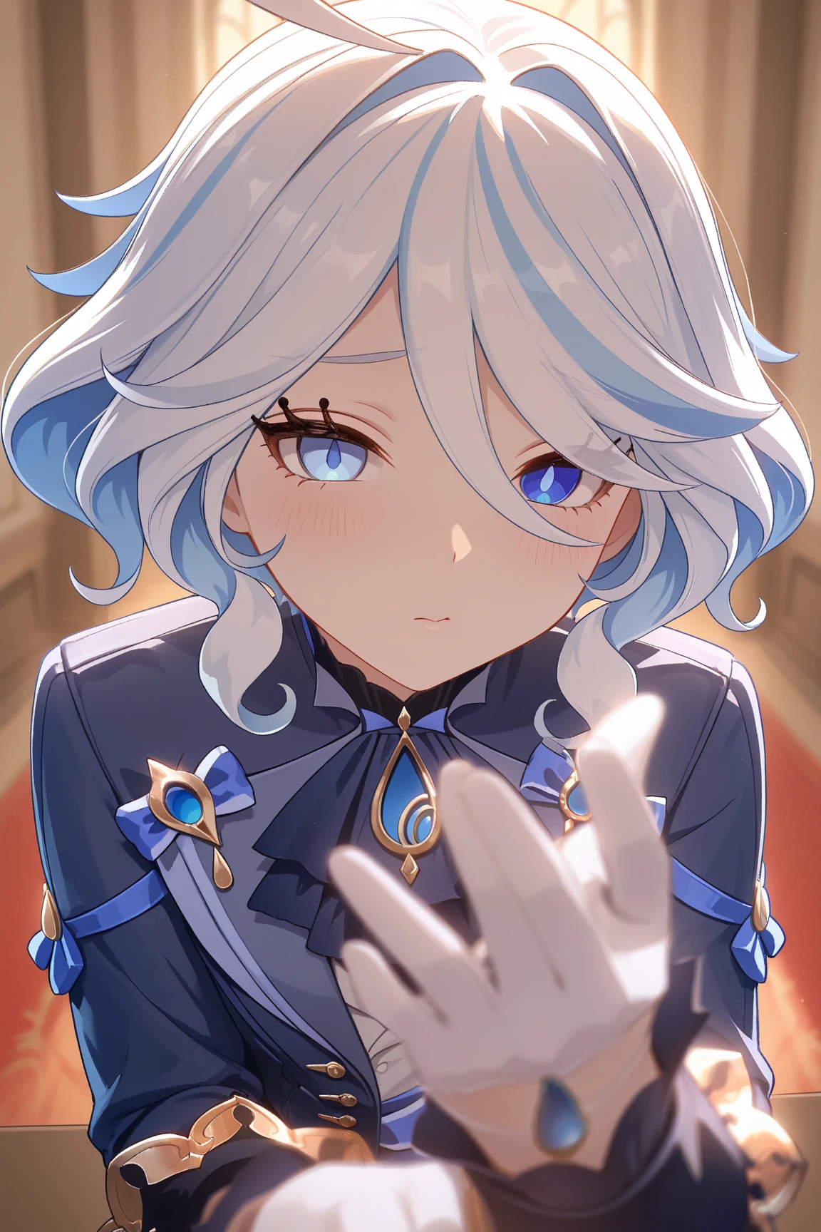 furina, <lora:furina-lora-nochekaiser:1>,
furina, blue eyes, blue hair, cowlick, ahoge, hair over one eye, light blue hair, short hair,
BREAK asymmetrical gloves, black gloves, frills, gloves, half gloves, hat, shorts, tailcoat, thigh strap, top hat, white gloves, white shorts,
BREAK looking at viewer,
BREAK indoors,
BREAK <lyco:GoodHands-beta2:1>, (masterpiece:1.2), best quality, high resolution, unity 8k wallpaper, (illustration:0.8), (beautiful detailed eyes:1.6), extremely detailed face, perfect lighting, extremely detailed CG, (perfect hands, perfect ),