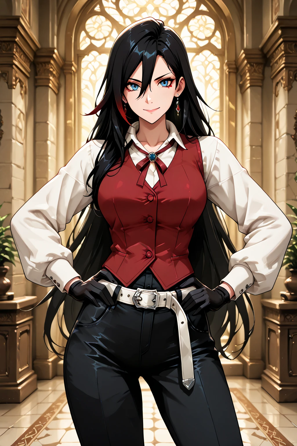 Tall long-haired woman in black cape and red clothing with arms down and clenched fists 