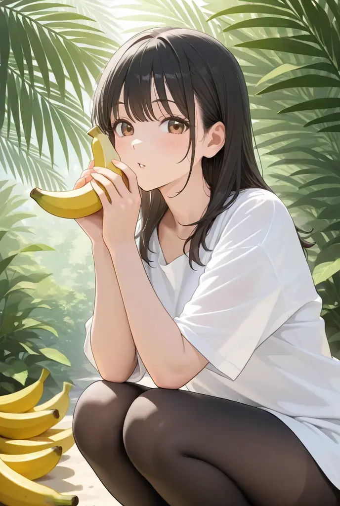 (masterpiece, best quality:1.5), (ultra detailed, high resolution, 8k, beautiful detailed, UHD, best ), 1 cute girl, white hair, , Peeling and  a banana