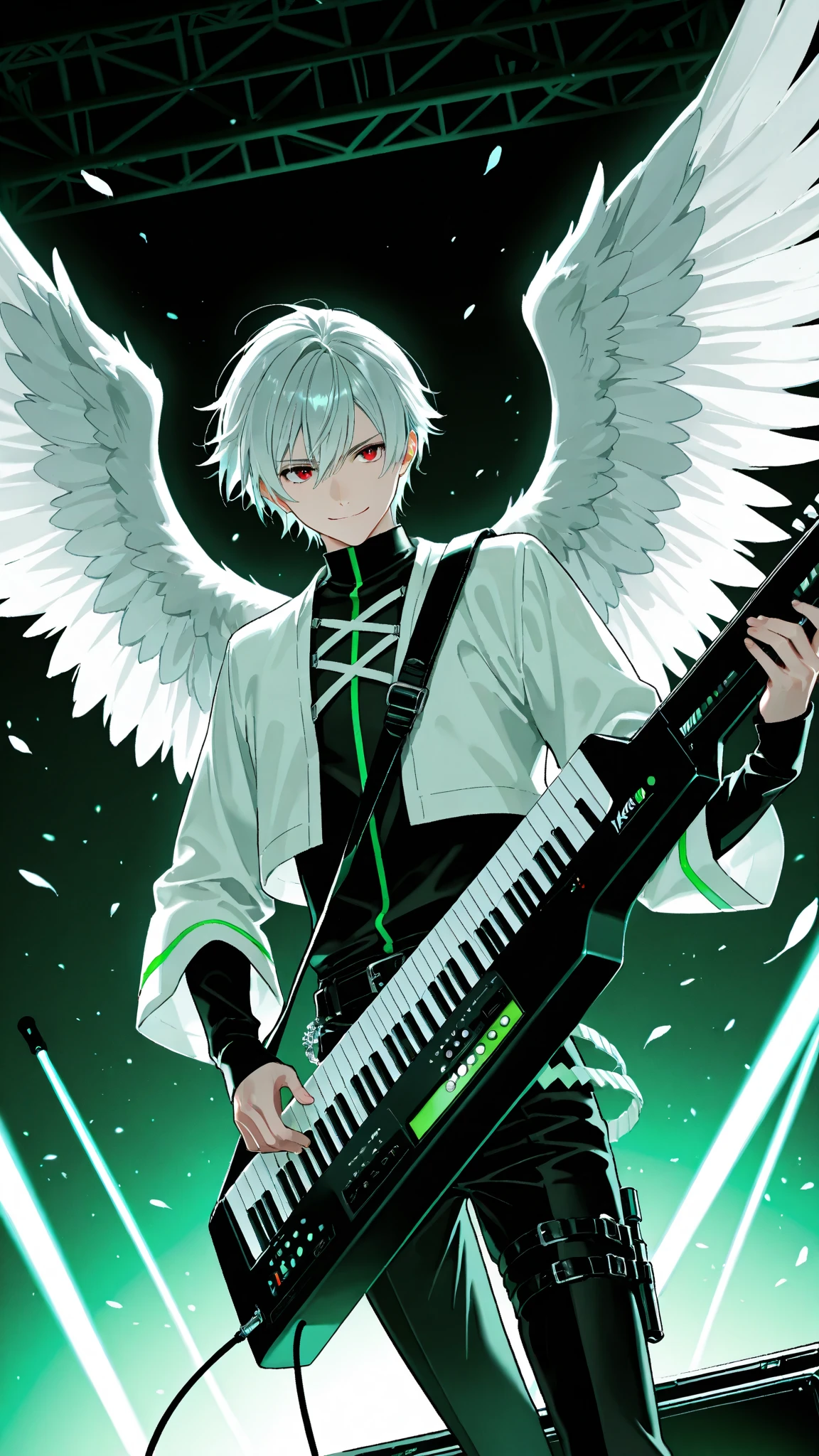 A dynamic stage where man and woman play on keyboards and guitars and green notes dance,Change the way fall music is played on a guitar or electric guitar。