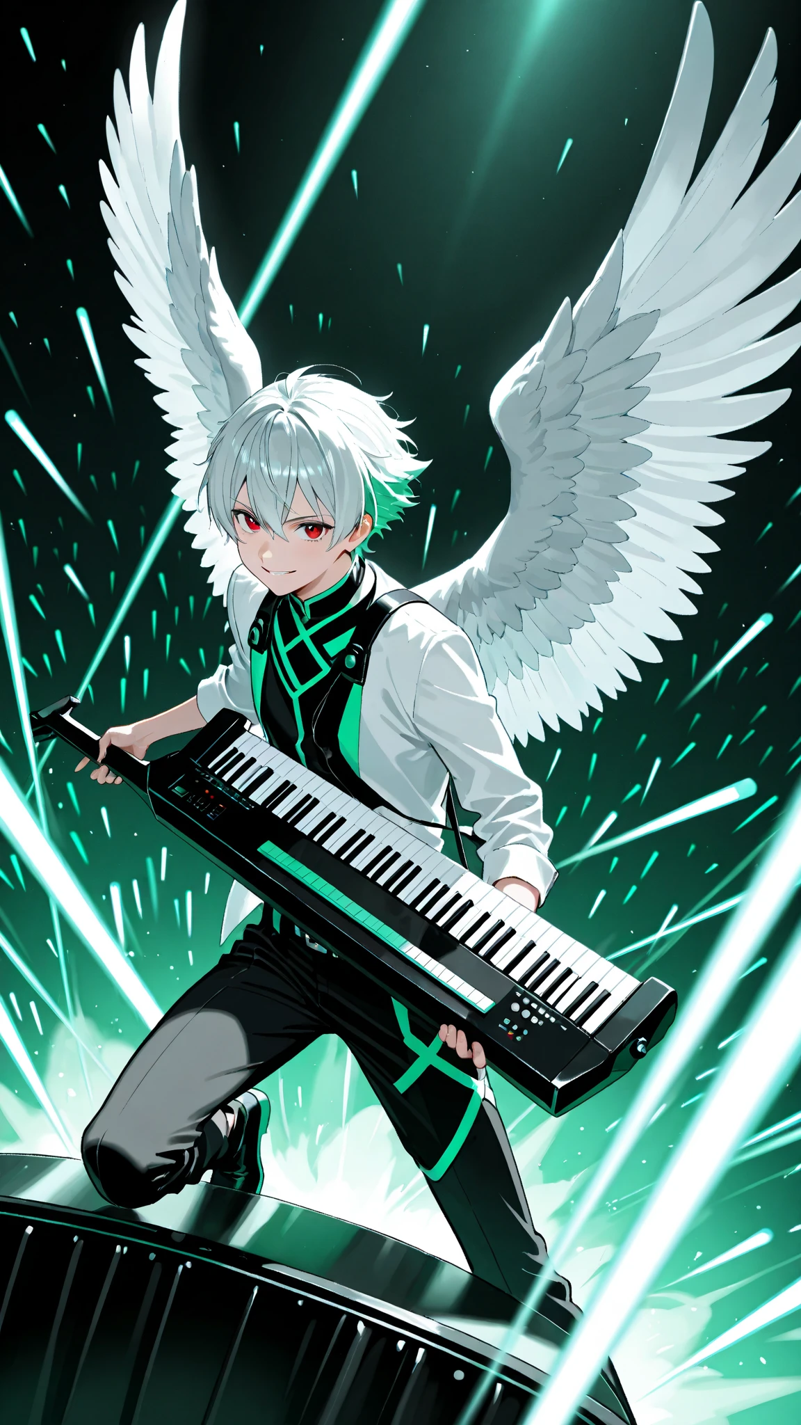 A dynamic stage where man and woman play on keyboards and guitars and green notes dance,Change the way fall music is played on a guitar or electric guitar。