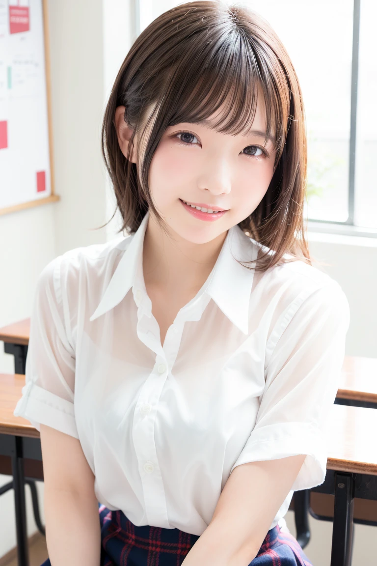 Japanese junior high school sisters are  in front of a man, , , small breasts, mischief, in front of a white wall, being pulled by a leash connected to a collar, hemp rope , looking up, smiling, mouth Half-open, body type, realistic, , tanned skin, sunburn and marks left, small breasts, double eyelids, collar, looking at camera, cute, small breasts, , shape, short length, small breasts , full body focus, front angle, legs spread, chest flat, angled from the front, hands behind the back, whole body focused, wearing a  skirt, sheer white short-sleeved dress shirt