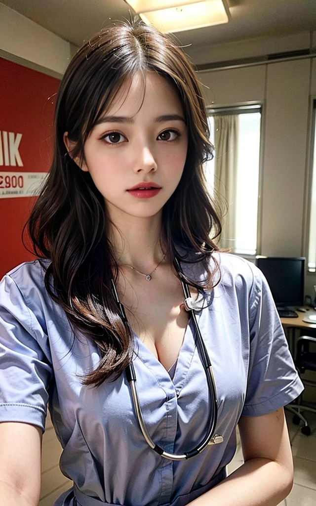 Hot girl, wine color hair, green eyes, nurse