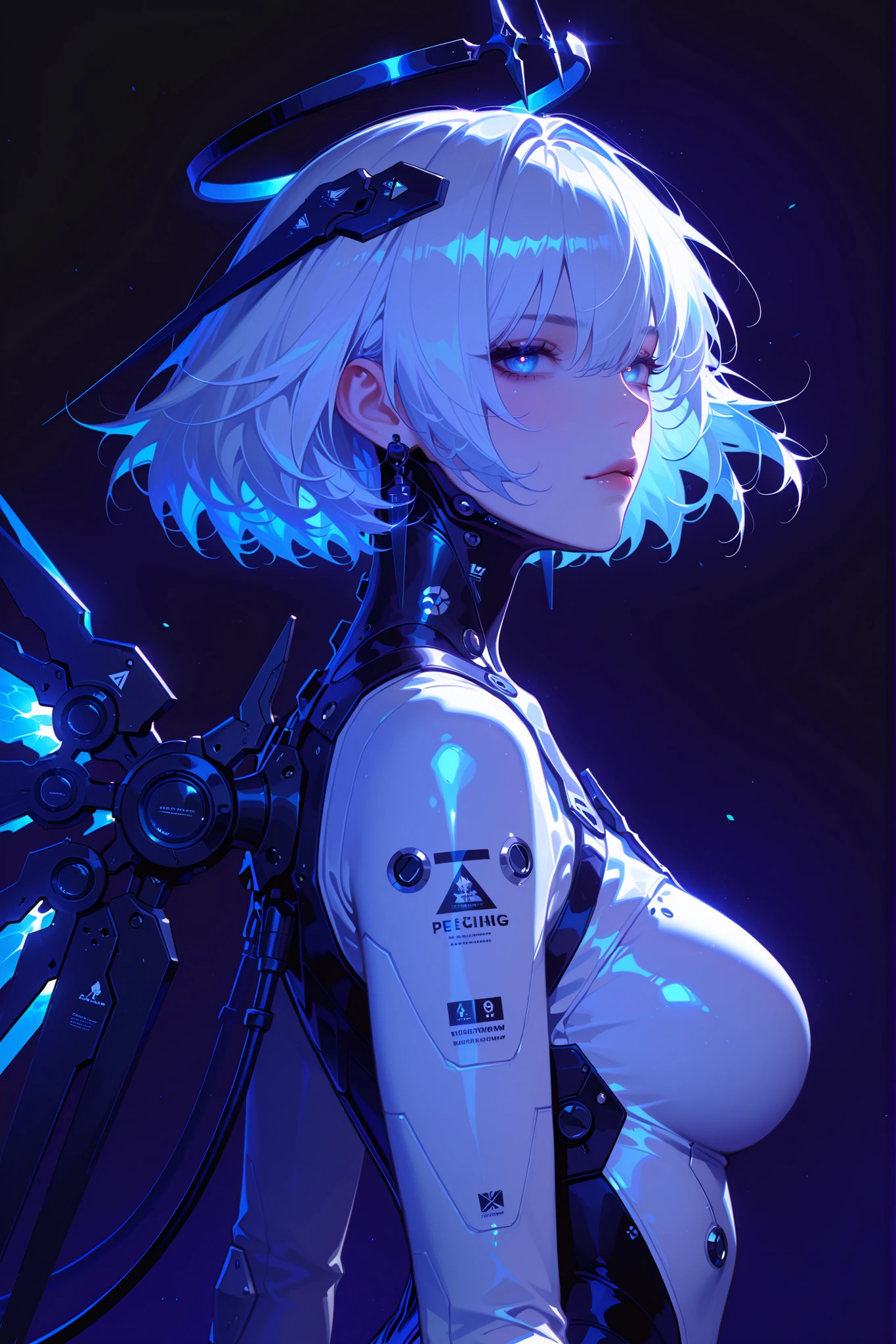 score_9, score_8_up, score_7_up, unaestheticXL_bp5, Masterpiece, 1girl, Solo, Laurel, Punishing gray raven, cyborg, perfect face, blue eyes, Eyelashes, white hair, medium hair, floating hair, headgear, neutral, innexpressive, intense expression, Looking pleasured BREAK Rating_explicit, (Detailed mechanical), Mechanical Halo, Glowing crown, Elf ears, Mechanical earrings, Sexy body, upper body, White bodysuit, Blue LED, Perfect breasts, Mechanical vertebra back, cable tube connected to the back, Mechanical cervial neck, Mechanical bones, Mechanical limbs, Huge mechanical wings, Jet wings, Glowing wings, Flying, From side, Dark background