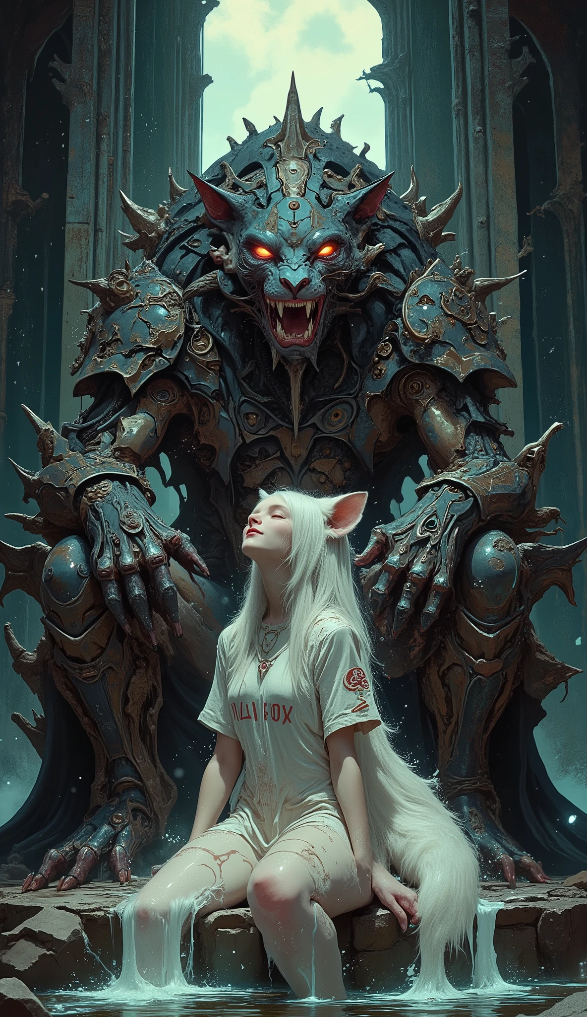 A photorealistic, highly detailed cinematic portrait of a colossal, grotesque lion boss on his imposing throne. The design is a terrifying fusion of Elden Ring's regal fantasy and the repulsive biomechanical horror of H.R. Giger. His face is a mask of sharp, asymmetrical metal and scarred flesh, with glowing red eyes. A very long, flowing mane of tangled, dark fur and metallic wires surrounds his neck. A single, dramatic beam of perfect light from above slices through the abyssal darkness, intensely highlighting the hideous and majestic features of his face and the elaborate, demonic armor on his massive body. The throne is an ancient, asymmetric structure of jagged, biomechanical bones and crumbling stone, in a vast, shadowy hall. At his feet, kneeling in total submission, is the beautiful white-haired humanoid fox girl, "Lil Fox," with soft fur and delicate features. She wears only an oversized, slightly slipping white shirt with “LIL FOX” faintly printed across the chest. Her head is bowed in a sign of obedience, and her fluffy white tail is wrapped around her legs. The boss's immense, clawed hand is gently but menacingly caressing the top of her head. The atmosphere is terrifying and repulsive, with a cinematic horror mood and deep, shadowy dark fantasy depth. The terrifying intimacy of the moment is palpable. Centered subject, symmetric horror.fantasy, painting, illustration, nude, naked, exposed tits, perfect nipples, detailed, off-center composition, dynamic left aligned composition, The image is a digital art piece that appears to be a portrait of a fox-girl with long white wild hair and glowing eyes smiling, sitting on a rock in the middle of a waterfall. The fox-girl is facing upwards, with her head tilted upwards and her eyes closed. Her body is covered in a thick layer of water droplets that are cascading down her back and shoulders. The water is a light blue-green color and is splashing around her and around her.
