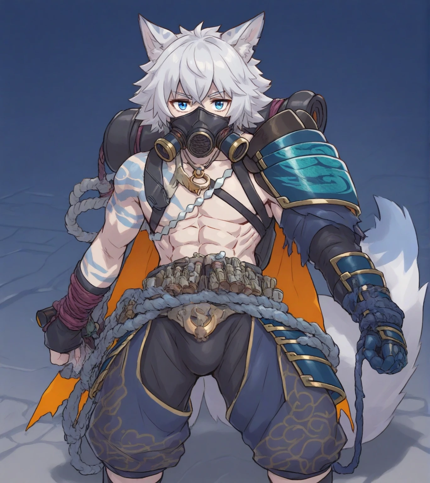 White Wolf，black hair，Sky blue eyes，hairy，Wolf ears，Wolf tail，Full body portrait，The character is in the center of the frame，Handsome，Confident eyes，male，juvenile，Black and white combat uniform，Red neck bib，Black shorts，Short sleeve，hairy arms and legs，Dark background，Dark battlefield，dawn，sunrise，dawn，illumination，shadow，Swordsman，Scabbard and sword，Hold the hilt of a sword in your hand，The scabbard is at the waist，Highest quality