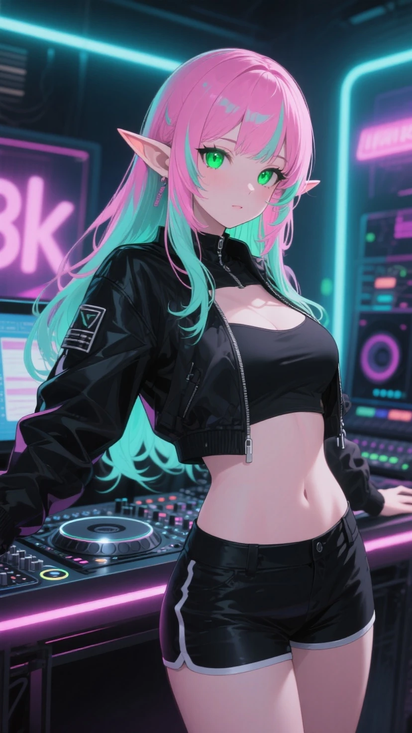 A dynamic stage where man and woman play on keyboards and guitars and green notes dance,Change the way fall music is played on a guitar or electric guitar。