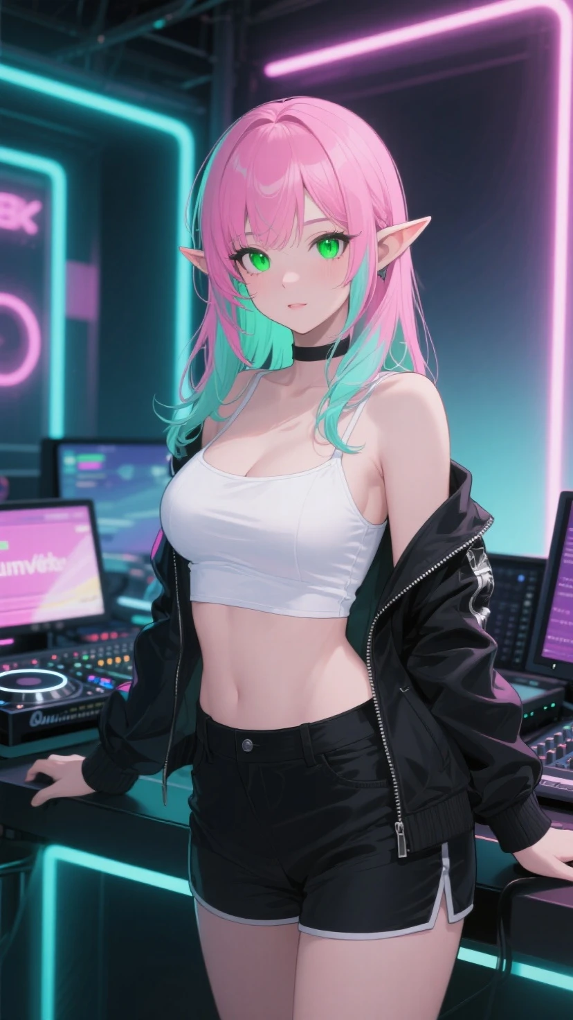 A dynamic stage where man and woman play on keyboards and guitars and green notes dance,Change the way fall music is played on a guitar or electric guitar。