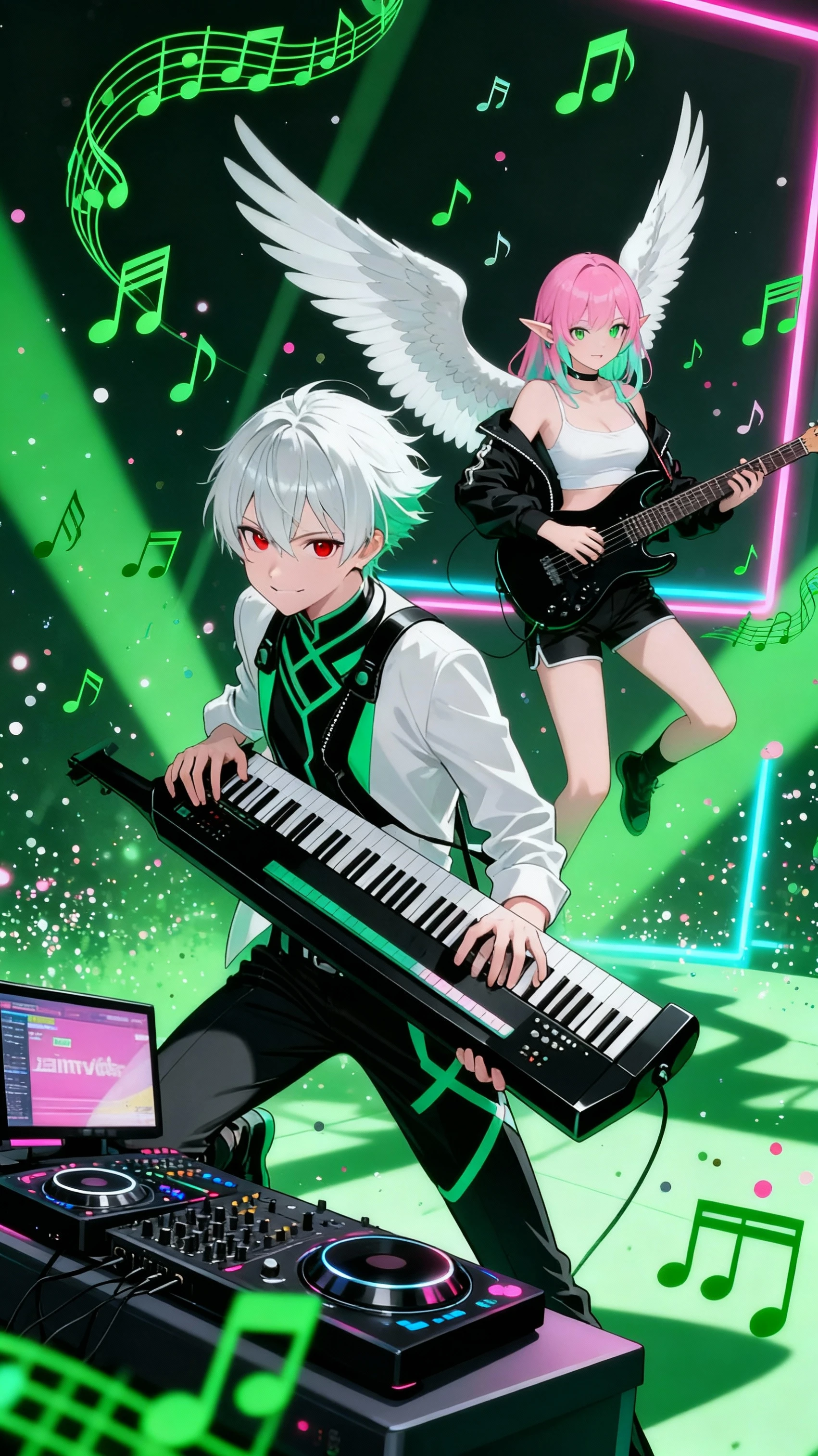 A dynamic stage where man and woman play on keyboards and guitars and green notes dance,Change the way fall music is played on a guitar or electric guitar。