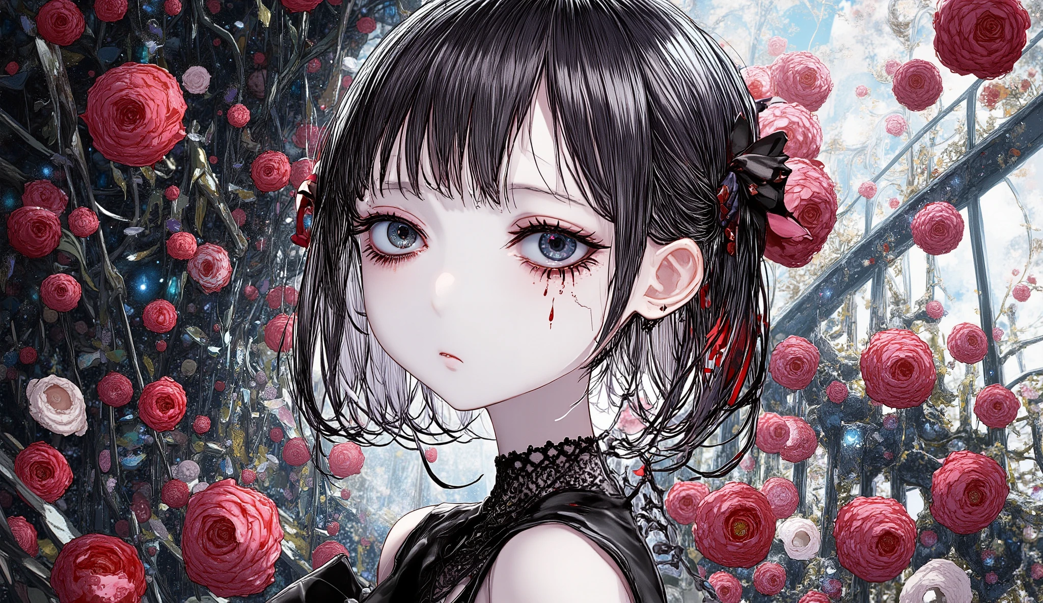 anime girl dressed in black lace and crimson ribbons, tears of blood falling from her eyes, surrounded by wilted roses, upper body close-up, dramatic shadows, gothic beauty, emotional expression