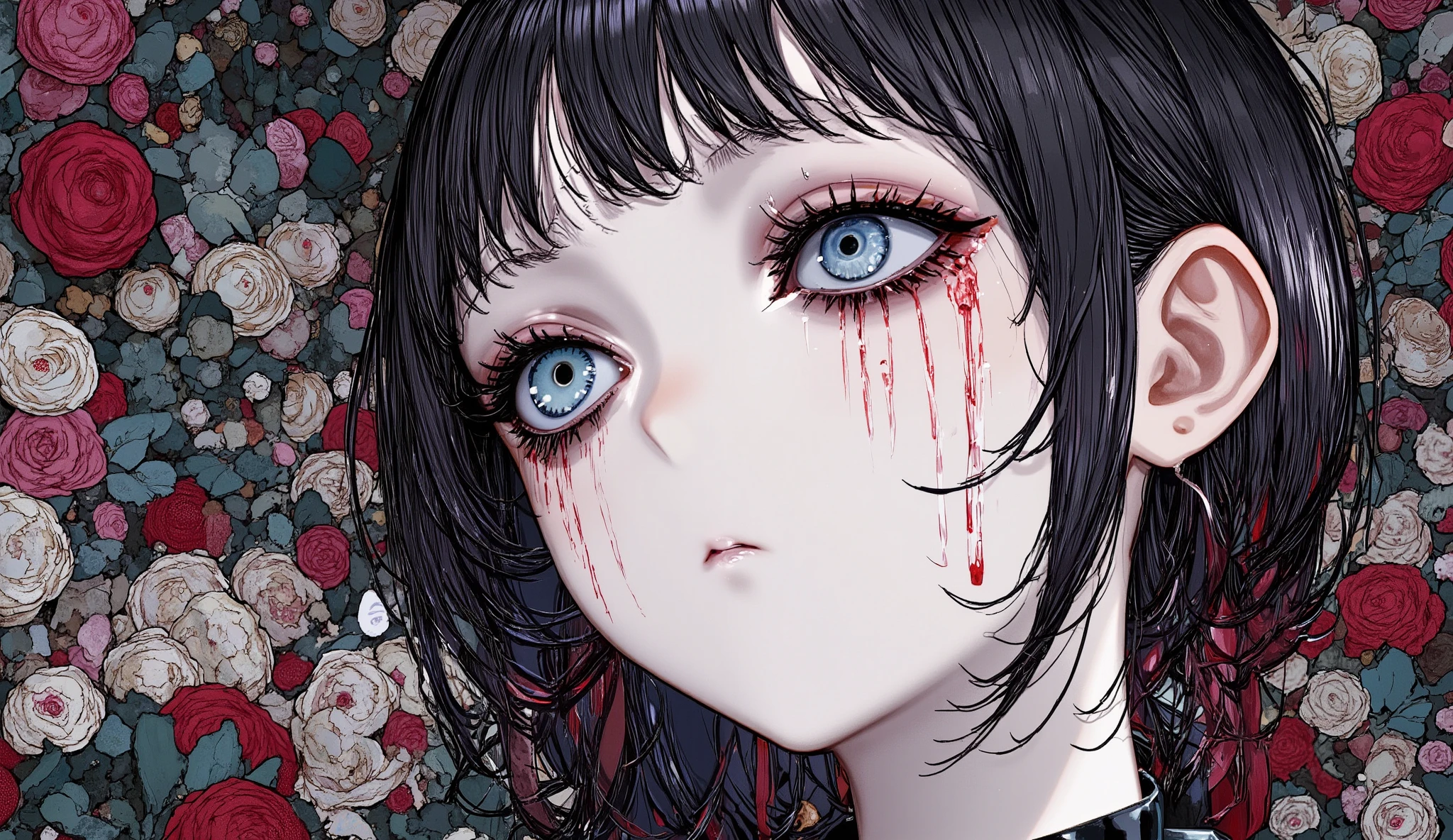 anime girl dressed in black lace and crimson ribbons, tears of blood falling from her eyes, surrounded by wilted roses, upper body close-up, dramatic shadows, gothic beauty, emotional expression