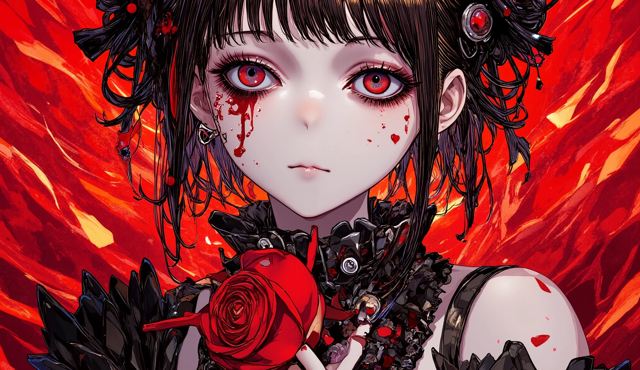 anime dark beauty with crimson eyes and pale skin, holding a black rose dripping with red petals, red background with burning light effects, gothic kawaii metal aesthetic, upper body close-up, cinematic shadows, intricate details, intense expression, high contrast