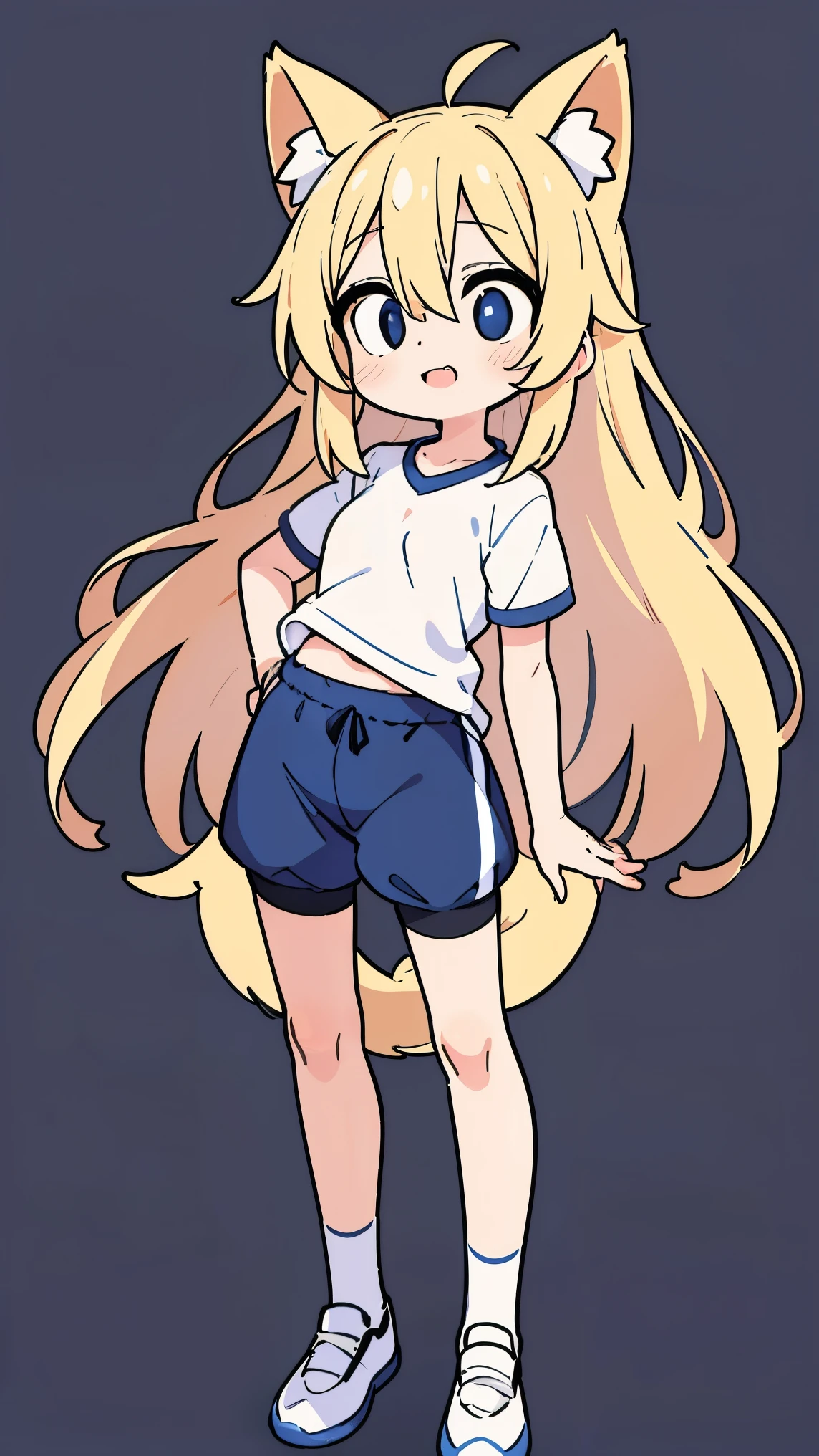 anime style、femininity(femininity)、fox ears、foxtail、long hair、Blonde、dark blue gym clothes、navy blue bloomer、white socks、comical white eyes、physical education shoes、standing、simple background、double teeth、white socks、smiling with a panicked expression。