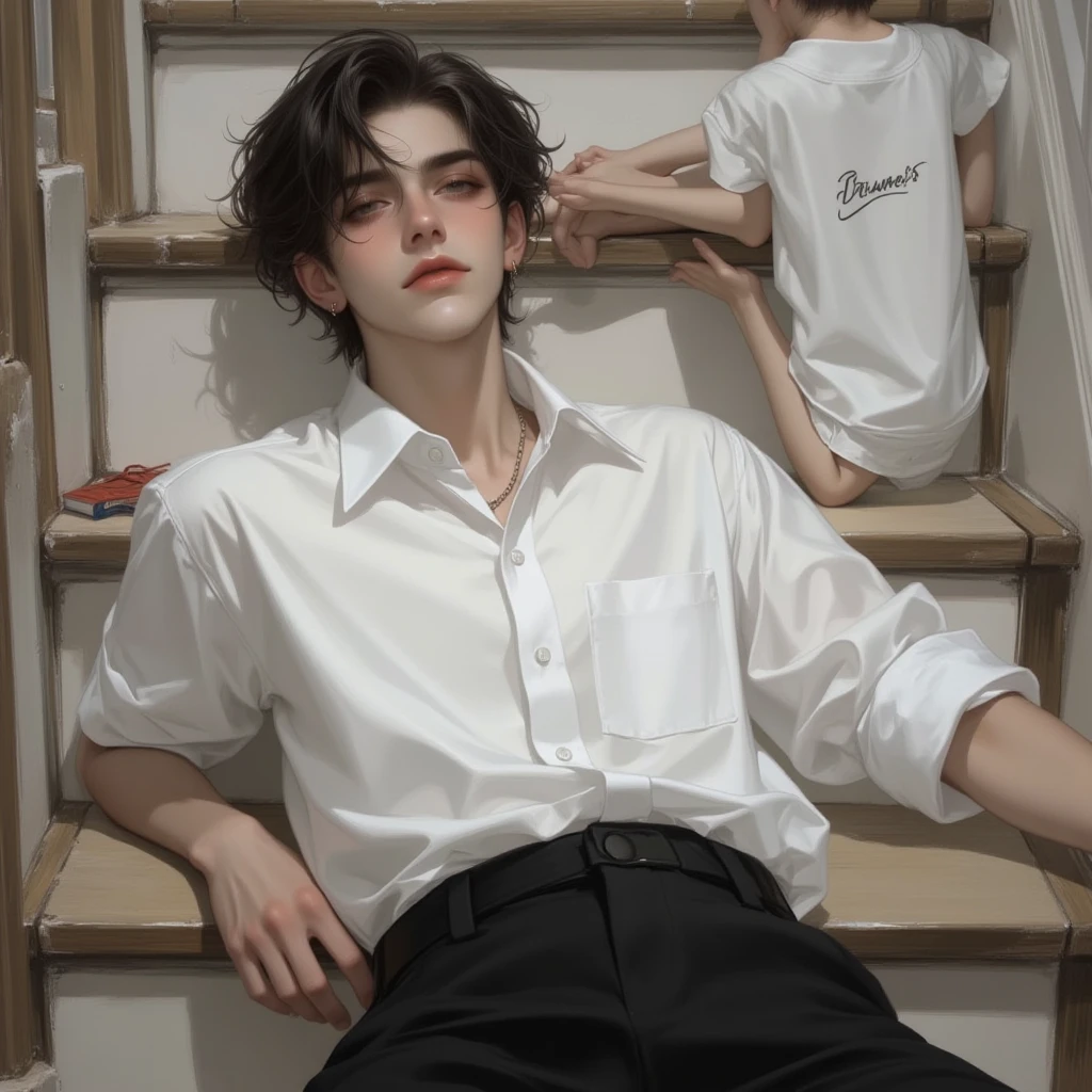 ​masterpiece、（top-quality)、((high-level image quality))、One Manly Boy、Slim body、((White Y-shirt and long black pants))、(Detailed beautiful eyes)、Walking together on the road at night、Face similar to Chaewon in Le Selefim、((short hair above the ears))、((Smaller face))、((Neutral face))、((Light brown eyes))、((Korean boy))、((18year old))、((Handsome man))、((Wild look))、((Korean Makeup))、((elongated and sharp eyes))、((Walk in front of the viewer))、((Shooting from close range))