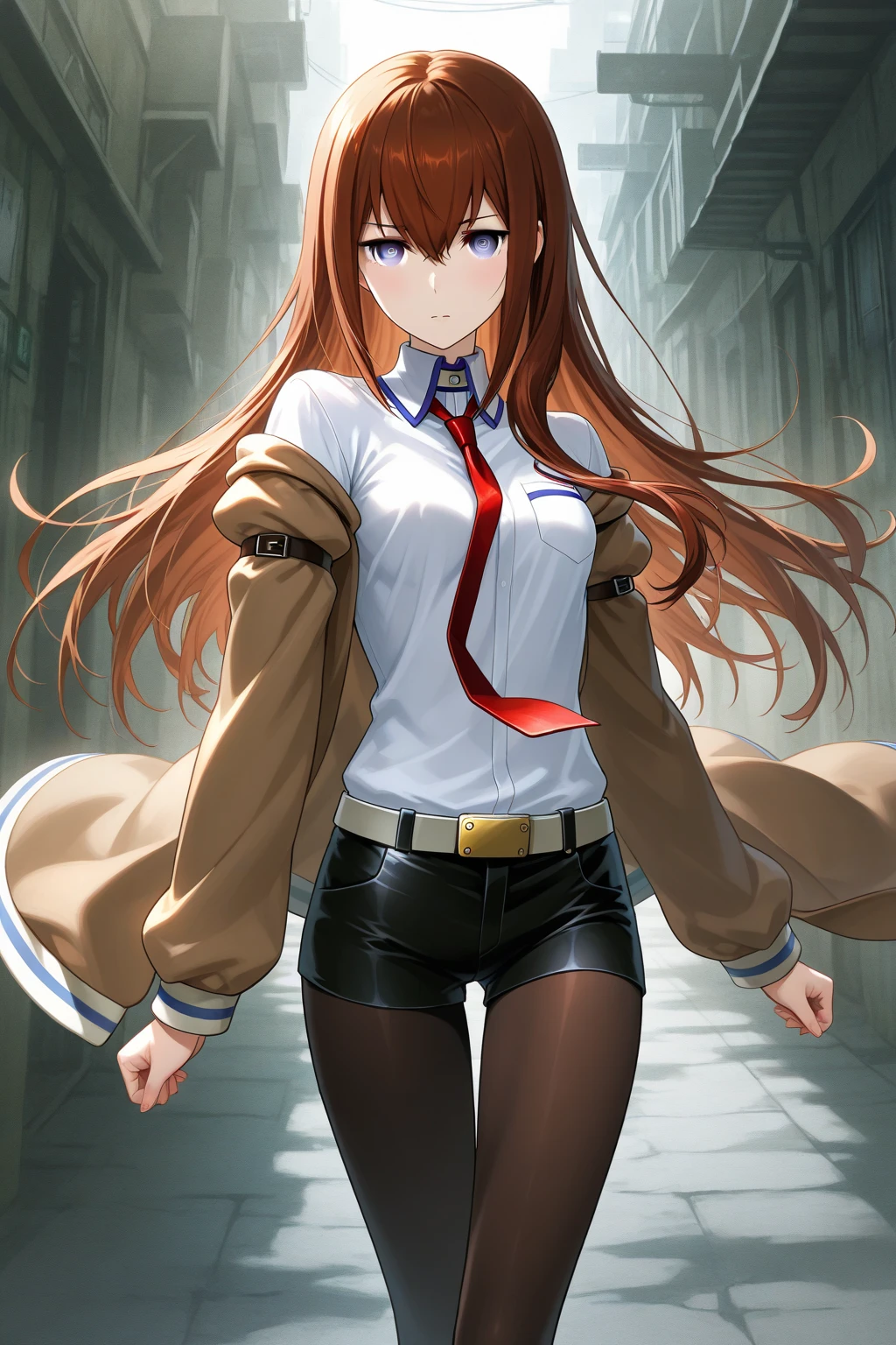 (masterpiece, highest quality:1.2), 1 girl, alone,Are standing_Split,
makise kurisu, ,,black、black tights、、 shot、