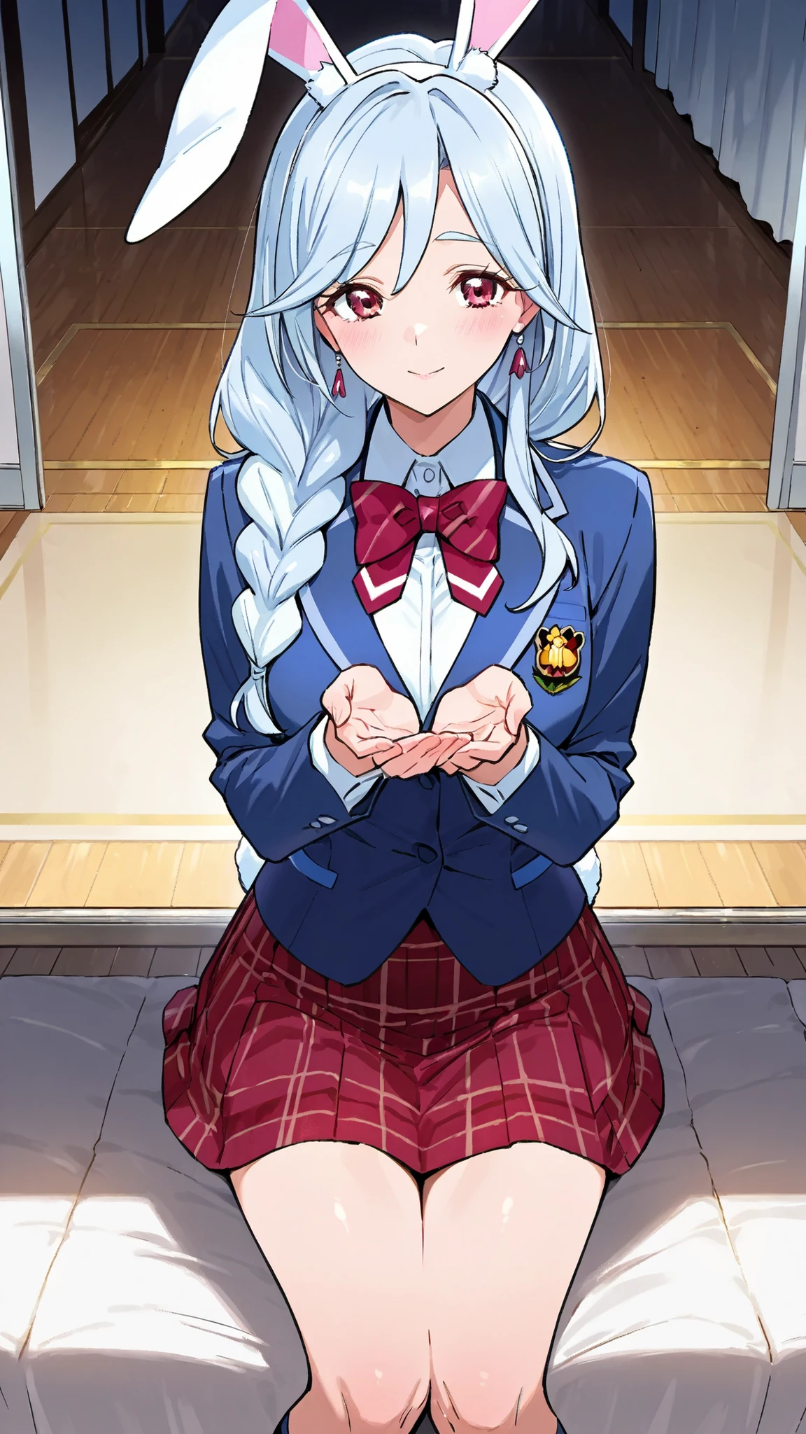 Supreme Masterpiece、Highest Quality、Fresh Pretty Cure!Mother of Love、 Married women 、mature woman 、美しいMarried women 、 medium bust、C cup、Raise your hands and cheer、rabbit ears、rabbit tail、light blue hair、blazer uniform、red plaid skirt 、ground、