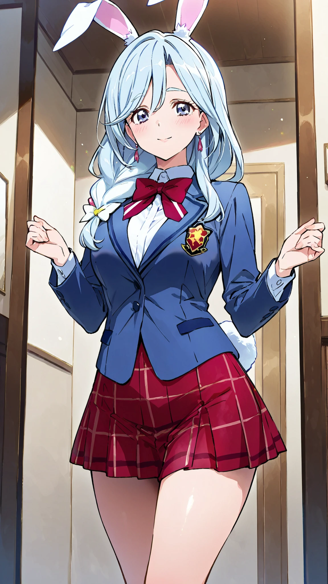 Supreme Masterpiece、Highest Quality、Fresh Pretty Cure!Mother of Love、 Married women 、mature woman 、美しいMarried women 、 medium bust、C cup、Raise your hands and cheer、rabbit ears、rabbit tail、light blue hair、blazer uniform、red plaid skirt 、ground、