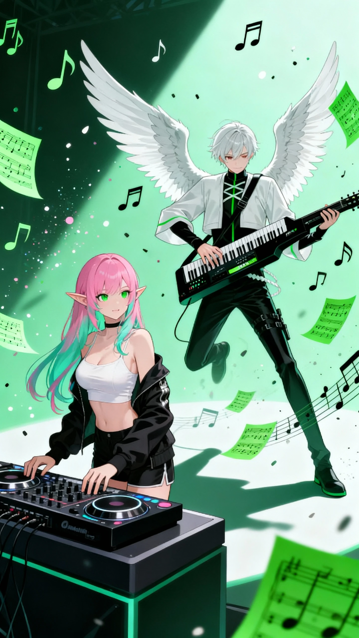 A dynamic stage where man and woman play on keyboards and guitars and green notes dance,Change the way fall music is played on a guitar or electric guitar。