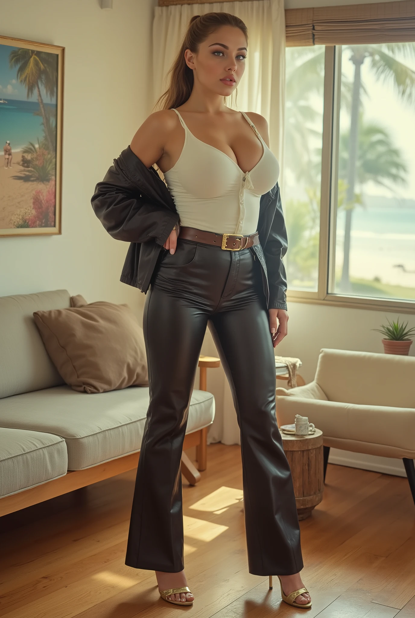  Vintage Polaroid-style full-body portrait of a  ,  girl secret in 1970s pin-up style . Tall , athletic build , long wavy blonde hair with a hair tie aholokan , blue eyes , high arched eyebrows ,  , slim waist , broad shoulders , shapely calves . She wears shiny black leather flared pants and shiny white broad-shouldered silk shirt black leather shiny jacket . Accessories: wide brown leather belt with large gold buckle , gold high-heeled sandals . Sunlit 1960s American room with tropical beach visible through the window . 