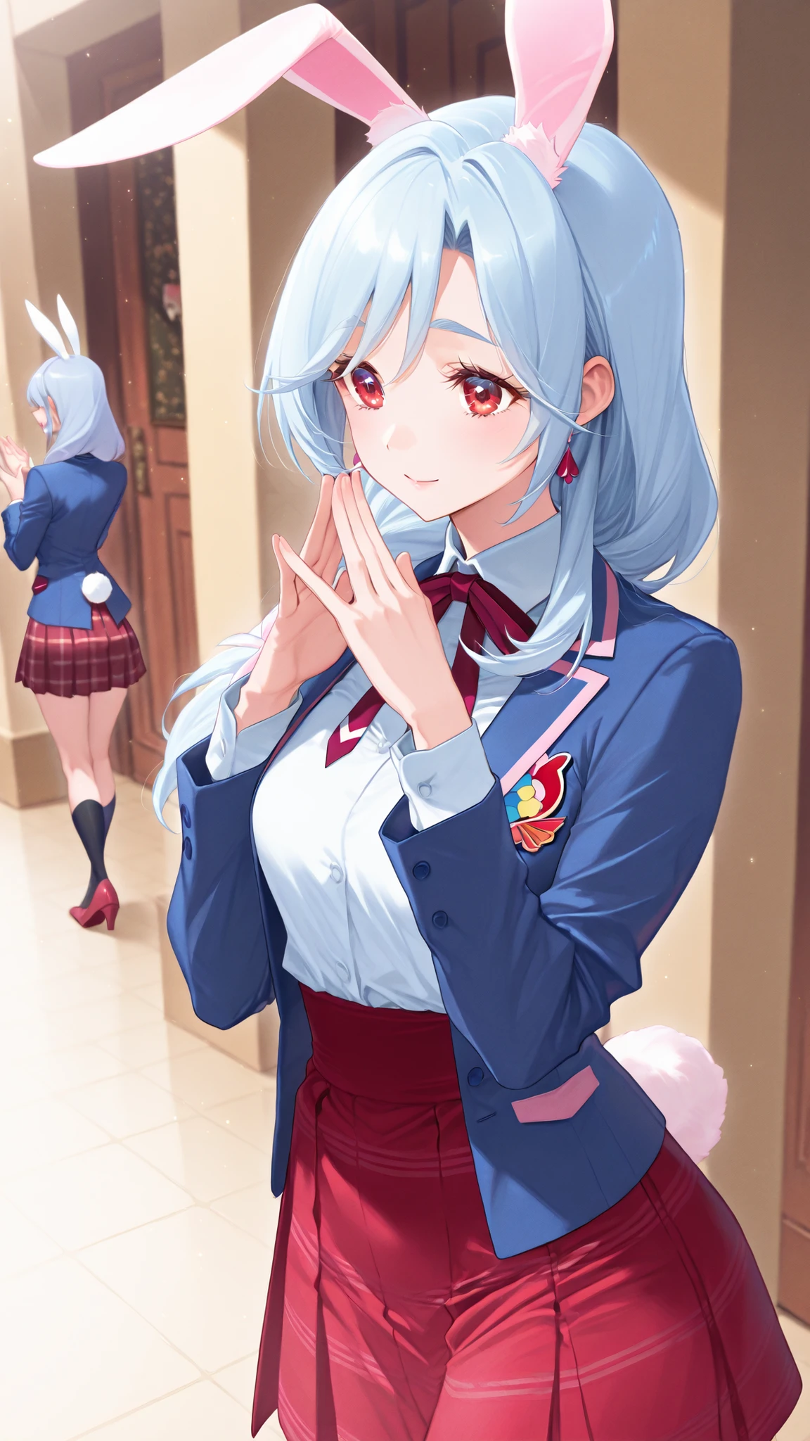 Supreme Masterpiece、Highest Quality、Fresh Pretty Cure！Mother of Love、 Married women 、mature woman 、美しいMarried women 、 medium bust、C cup、Raise your hands and cheer、rabbit ears、rabbit tail、light blue hair、blazer uniform、red plaid skirt 、ground、