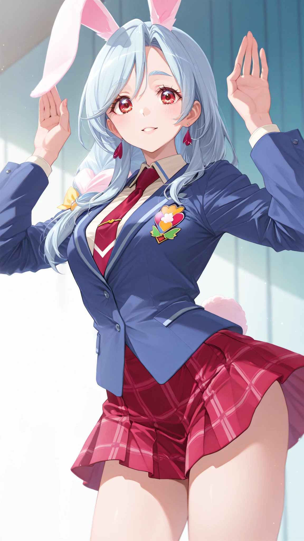 Supreme Masterpiece、Highest Quality、Fresh Pretty Cure!Mother of Love、 Married women 、mature woman 、美しいMarried women 、 medium bust、C cup、Raise your hands and cheer、rabbit ears、rabbit tail、light blue hair、blazer uniform、red plaid skirt 、ground、