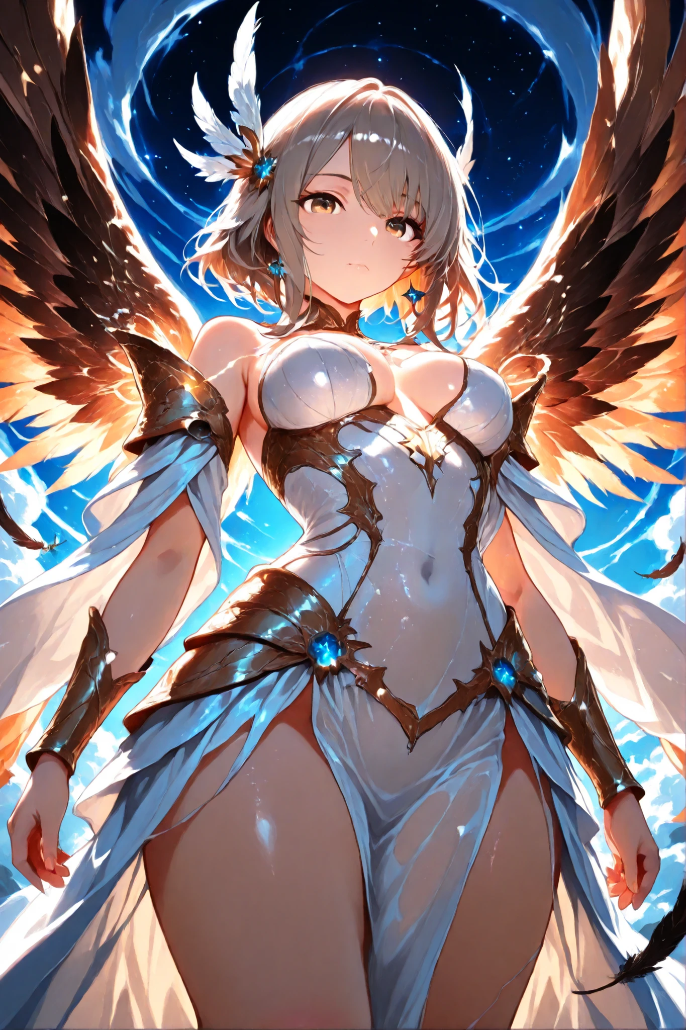 A celestial female warrior angel in an ornate fantasy setting, kneeling on one knee with a powerful and graceful pose. and having a big boobs and sucking the big penis . side view of her laying on the floor on knee .She has long silver hair, radiant golden eyes. Large, majestic black wings spread dramatically from her back, adorned with luminous golden star-like lights. The environment is a grand celestial hall filled with ornate patterns, red and gold illumination, and divine symbols. Her armor highlights a mix of elegance and strength — metallic silver and black with intricate filigree and golden celestial motifs. The lighting is dramatic and ethereal, emphasizing reflections and glowing energy, giving a divine and otherworldly atmosphere
