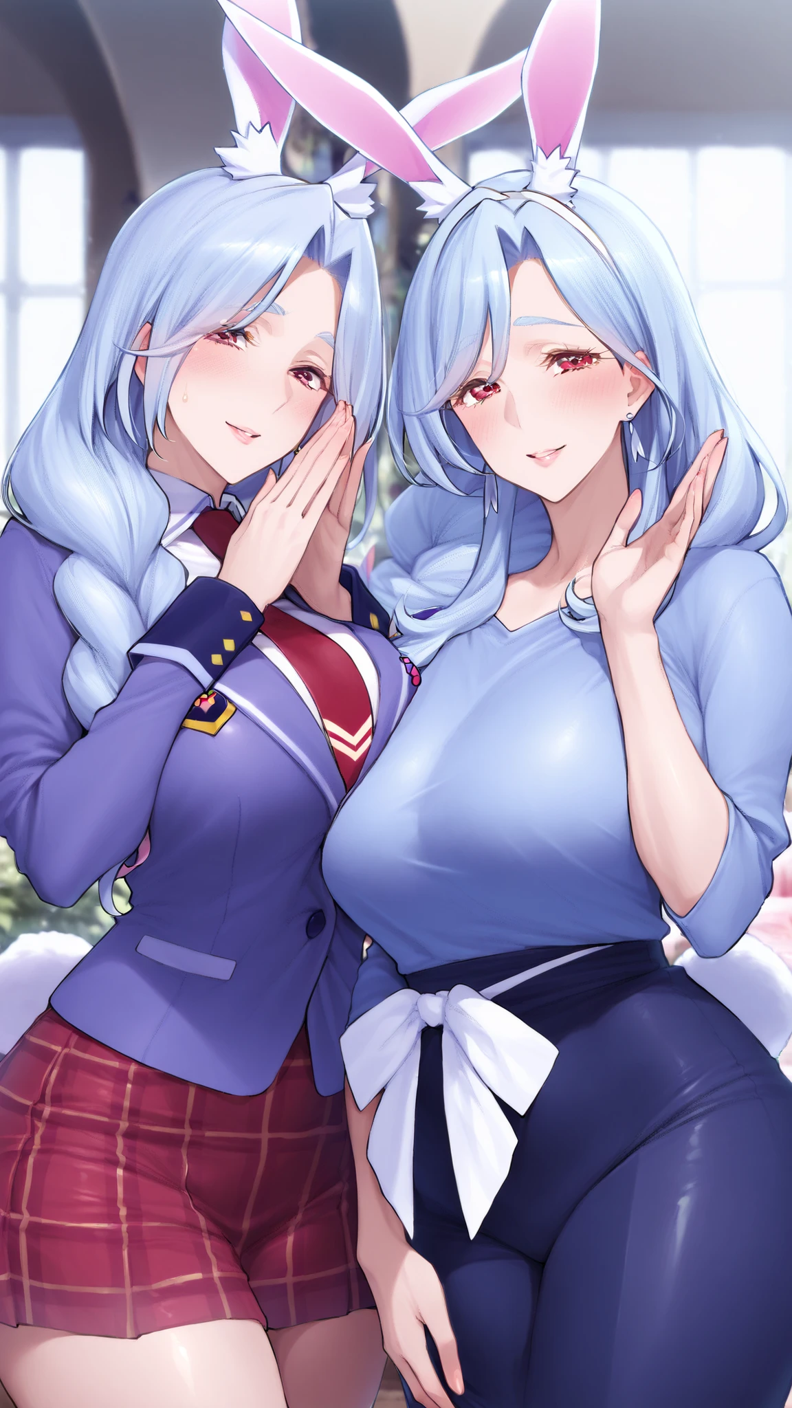 Supreme Masterpiece、Highest Quality、Fresh Pretty Cure!Mother of Love、 Married women 、mature woman 、美しいMarried women 、 medium bust、C cup、Raise your hands and cheer、rabbit ears、rabbit tail、light blue hair、blazer uniform、red plaid skirt 、ground、