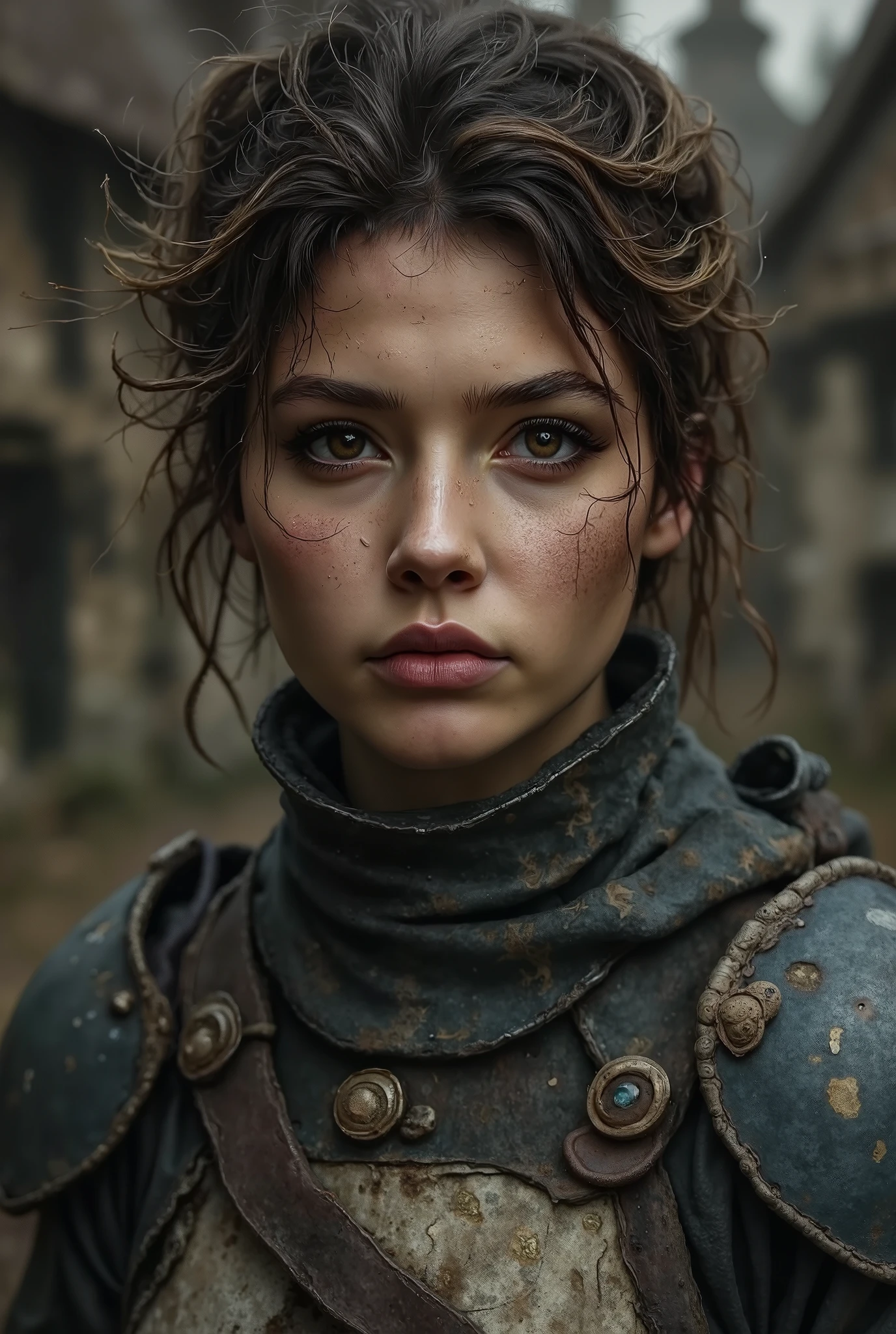 Vagabond style, Girl with a Sword in armor, standing near the house, masterpiece, high quality, detail, 8k resolution,