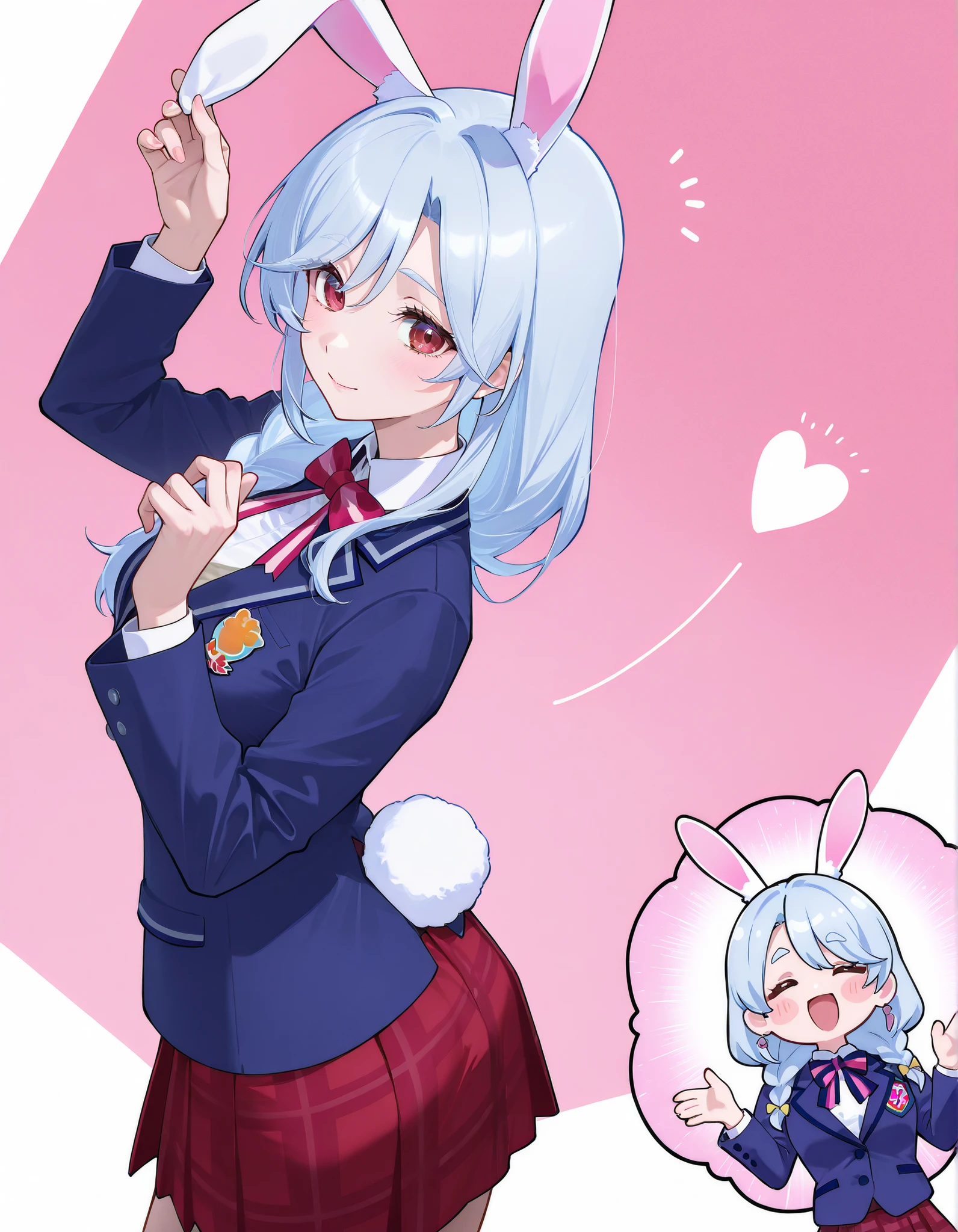 Supreme Masterpiece、Highest Quality、Fresh Pretty Cure!Mother of Love、 Married women 、mature woman 、美しいMarried women 、 medium bust、C cup、Raise your hands and cheer、rabbit ears、rabbit tail、light blue hair、blazer uniform、red plaid skirt 、ground、