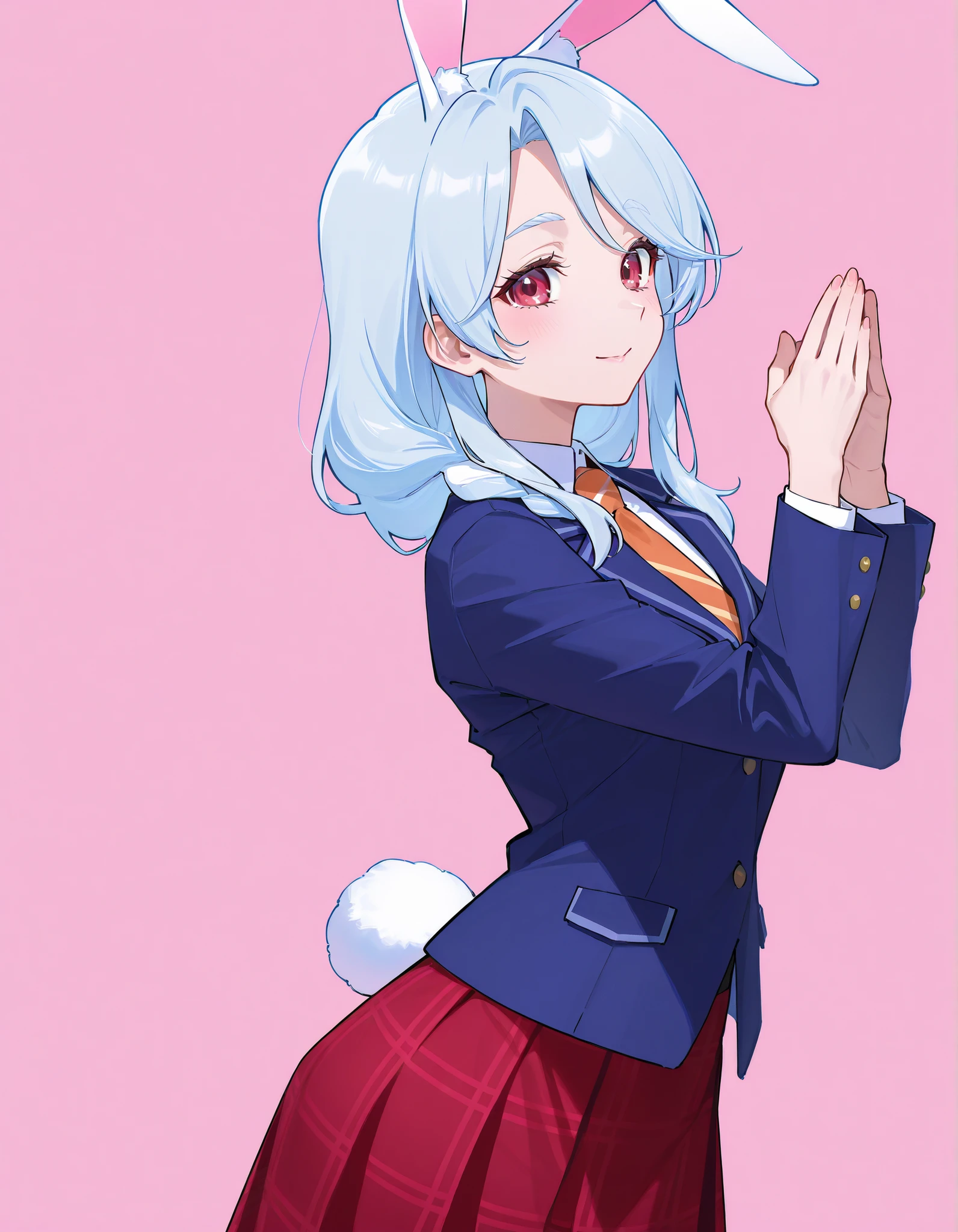 Supreme Masterpiece、Highest Quality、Fresh Pretty Cure!Mother of Love、 Married women 、mature woman 、美しいMarried women 、 medium bust、C cup、Raise your hands and cheer、rabbit ears、rabbit tail、light blue hair、blazer uniform、red plaid skirt 、ground、