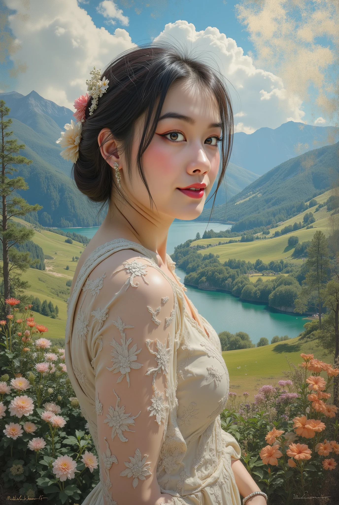 Women who create world landscapes, The place to paint with a brush is full of vitality,Nature and living things come to life because of her touch,Her universal landscape painter,A portrait of a world-renowned landscape painter,Female painter,A woman who paints with an oil paint brush,A hand that saves nature,A woman who interacts with living beings in nature,The touch of a woman who can create everything,high resolution,Realistic,Photo Live-action,realistic,professional-grade,Precise description,Extreme detail,HDR,UHD,Studio Light,High-precision oil painting,ultra high definition,physics-based rendering,Vibrant Colors,Soft Background Blur