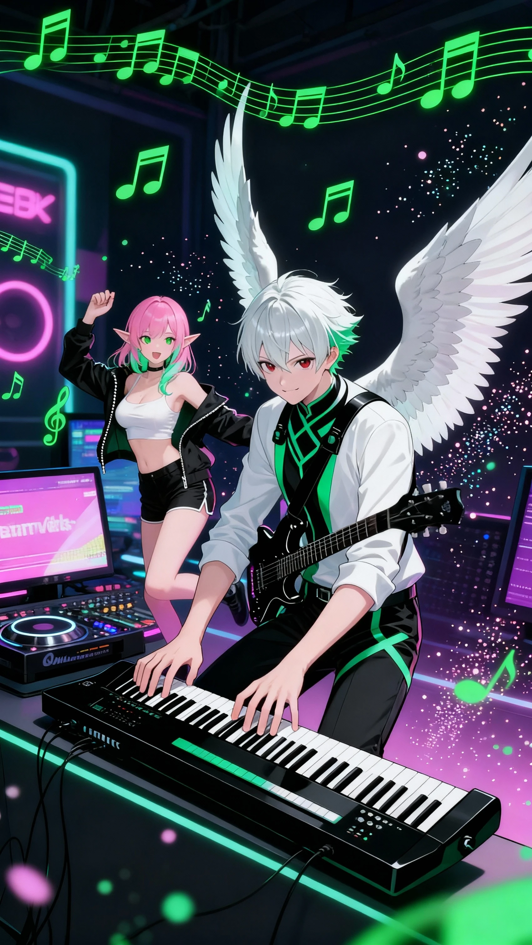 A dynamic stage where man and woman play on keyboards and guitars and green notes dance,Change the way fall music is played on a guitar or electric guitar。