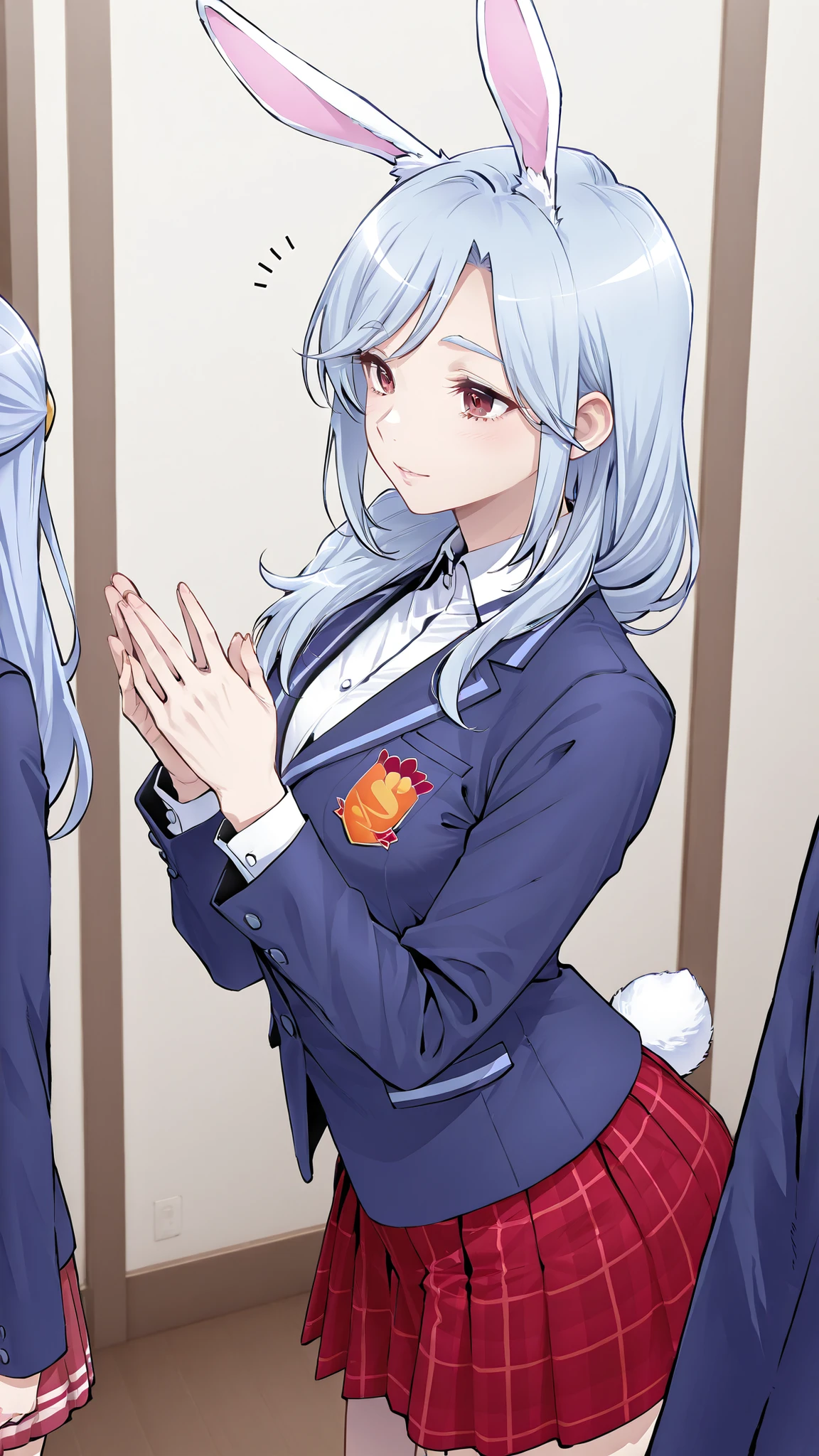 Supreme Masterpiece、Highest Quality、Fresh Pretty Cure!Mother of Love、 Married women 、mature woman 、美しいMarried women 、 medium bust、C cup、Raise your hands and cheer、rabbit ears、rabbit tail、light blue hair、blazer uniform、red plaid skirt 、ground、