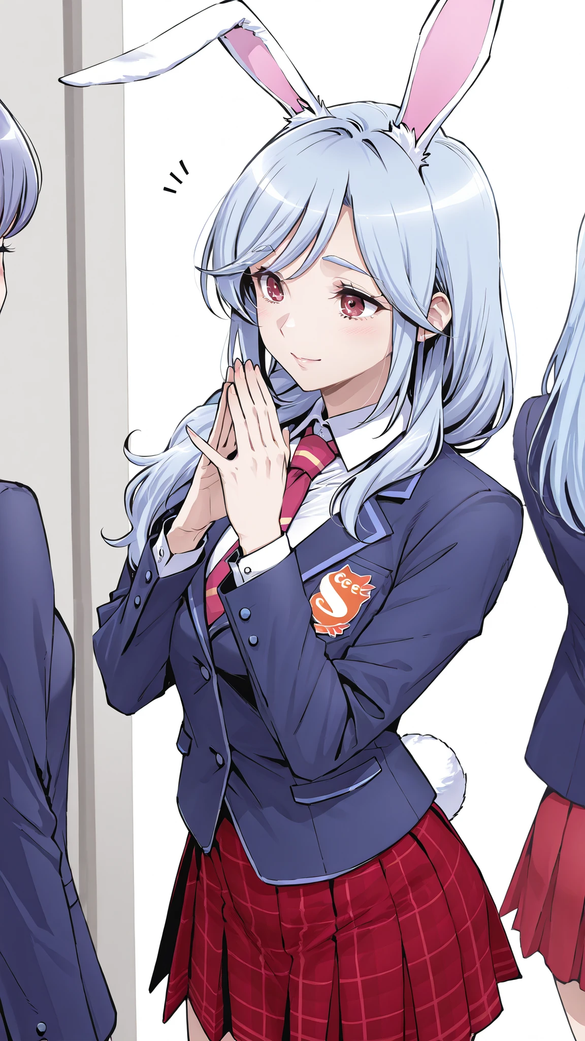 Supreme Masterpiece、Highest Quality、Fresh Pretty Cure!Mother of Love、 Married women 、mature woman 、美しいMarried women 、 medium bust、C cup、Raise your hands and cheer、rabbit ears、rabbit tail、light blue hair、blazer uniform、red plaid skirt 、ground、