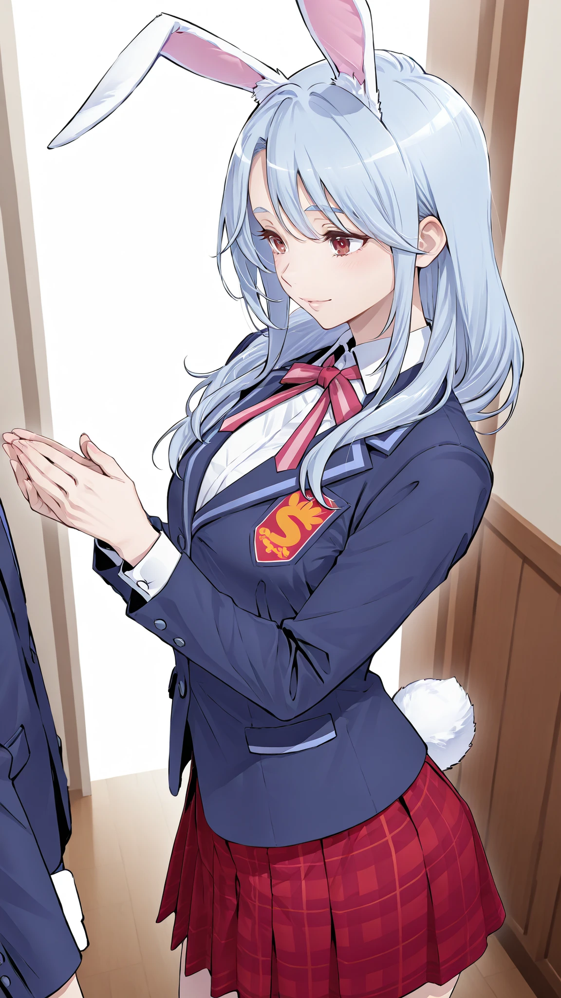 Supreme Masterpiece、Highest Quality、Fresh Pretty Cure!Mother of Love、 Married women 、mature woman 、美しいMarried women 、 medium bust、C cup、Raise your hands and cheer、rabbit ears、rabbit tail、light blue hair、blazer uniform、red plaid skirt 、ground、