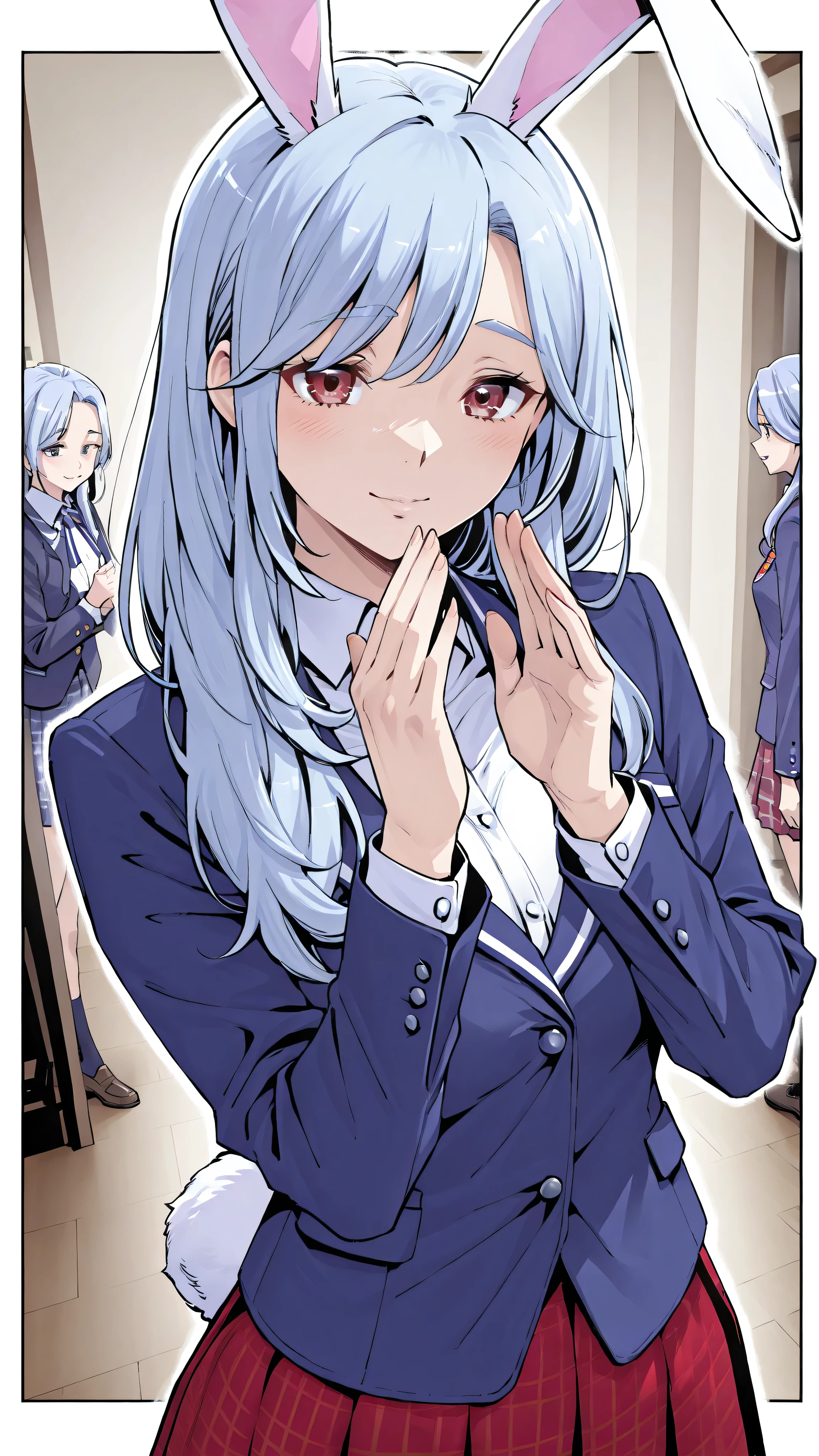 supreme masterpiece、Highest Quality、fresh pretty cure!Mother of Love、 Married women 、Mature Woman 、美しいMarried women 、 medium chest、C cup、Cheer by Raising Your Hands Up、rabbit ears、rabbit tail、Light Blue Hair、blazer uniform、red plaid skirt 、Ground、