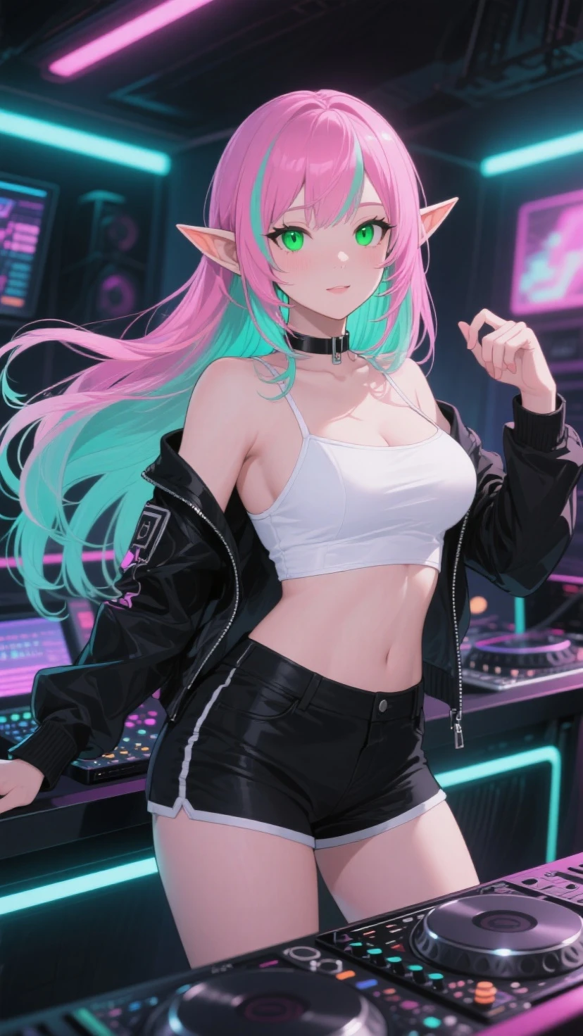 A dynamic stage where man and woman play on keyboards and guitars and green notes dance,Change the way fall music is played on a guitar or electric guitar。