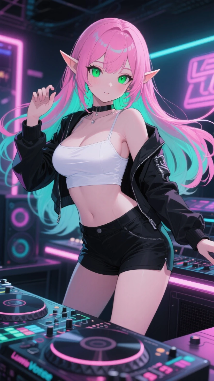 A dynamic stage where man and woman play on keyboards and guitars and green notes dance,Change the way fall music is played on a guitar or electric guitar。