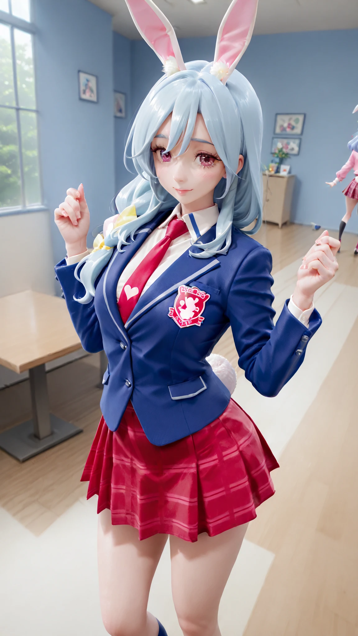 Supreme Masterpiece、Highest Quality、Fresh Pretty Cure!Mother of Love、 Married women 、mature woman 、美しいMarried women 、 medium bust、C cup、Raise your hands and cheer、rabbit ears、rabbit tail、light blue hair、blazer uniform、red plaid skirt 、ground、