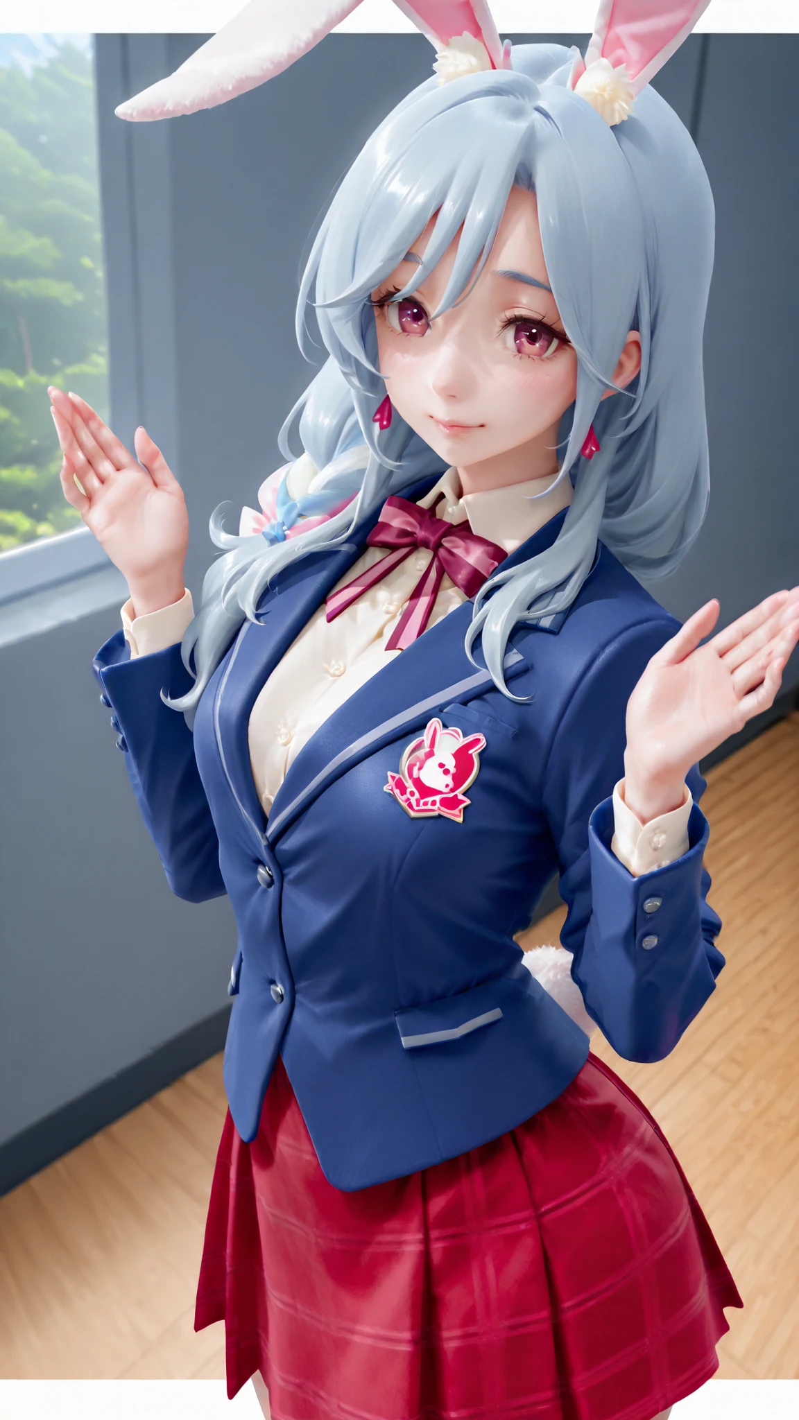 Supreme Masterpiece、Highest Quality、Fresh Pretty Cure!Mother of Love、 Married women 、mature woman 、美しいMarried women 、 medium bust、C cup、Raise your hands and cheer、rabbit ears、rabbit tail、light blue hair、blazer uniform、red plaid skirt 、ground、
