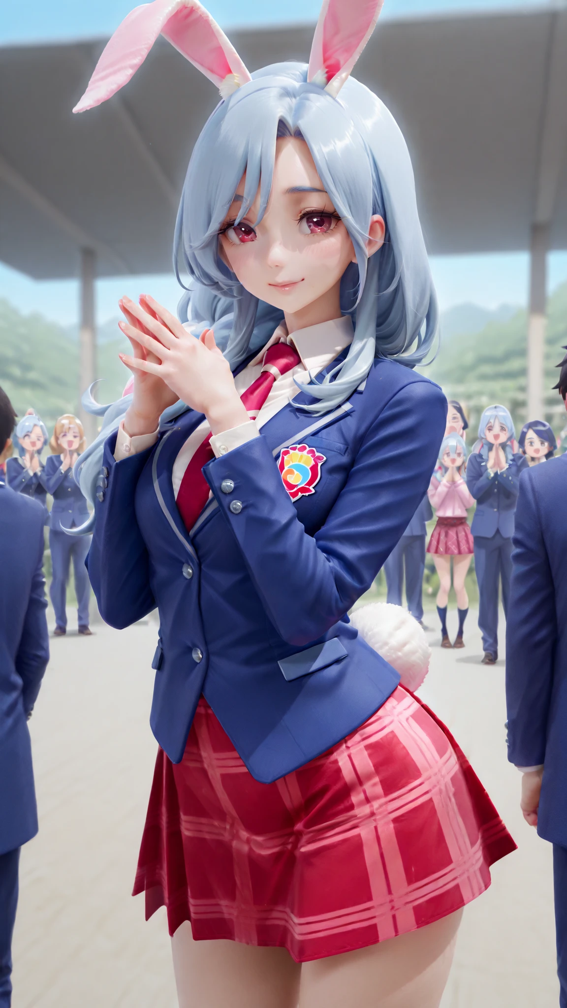 Supreme Masterpiece、Highest Quality、Fresh Pretty Cure!Mother of Love、 Married women 、mature woman 、美しいMarried women 、 medium bust、C cup、Raise your hands and cheer、rabbit ears、rabbit tail、light blue hair、blazer uniform、red plaid skirt 、ground、
