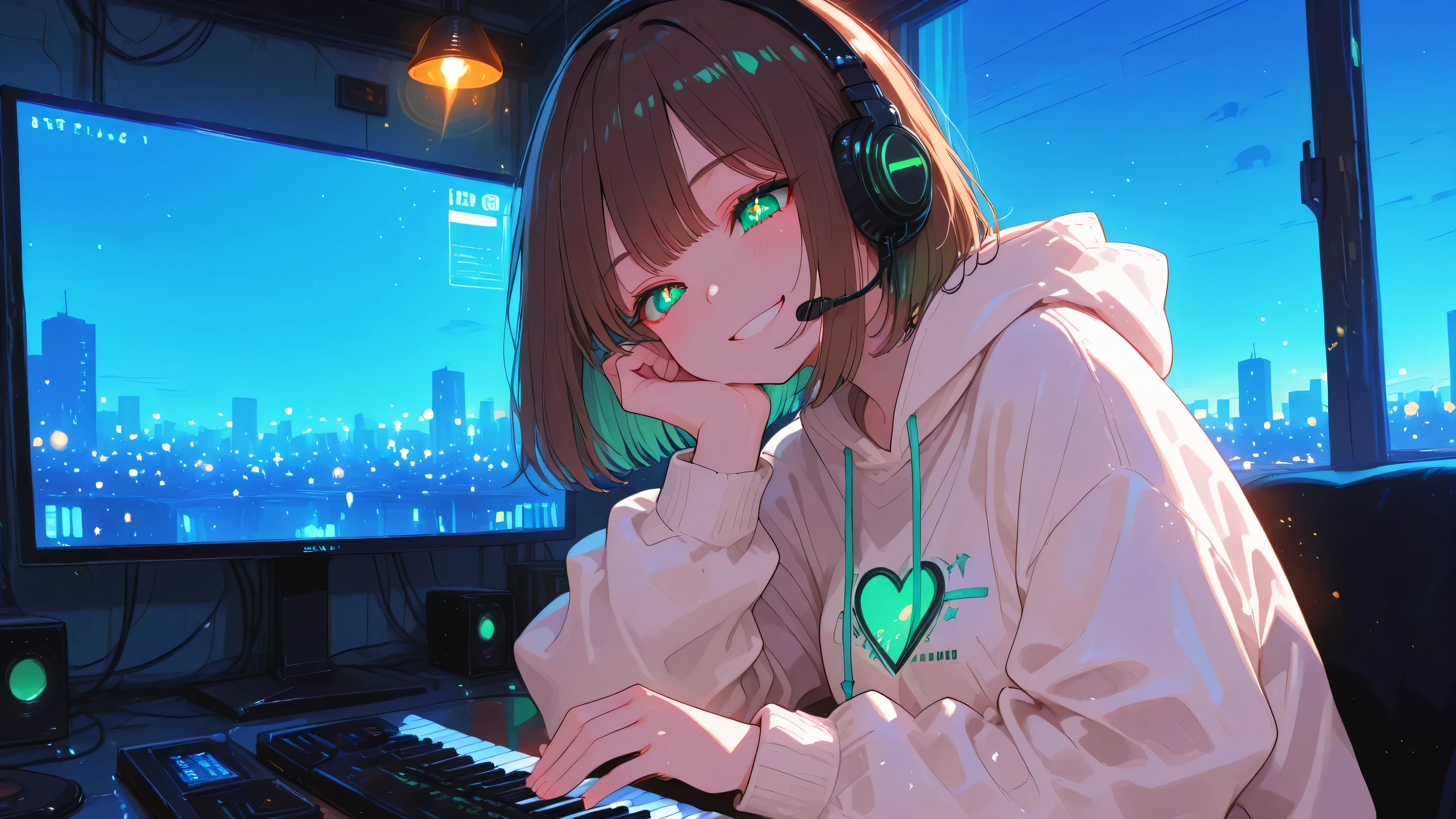 masterpiece, best quality, newest, absurdres, highres,
1girl, solo, half body, short dark brown hair, shiny beautiful green eyes, expressive and lively eyes with reflections from monitor,
bright cheerful smile, joyful and enthusiastic expression, enjoying her work and music,
wearing comfy casual outfit: light sweater or hoodie, relaxed yet neat,
sitting at desk coding on computer, both hands naturally on keyboard,
wearing headset, listening to smooth beats while working,
soft warm lighting from monitor mixed with cool city light reflections,
large window behind her showing vibrant nighttime cityscape, glowing neon lights, moving traffic bokeh,
atmosphere of calm productivity and creative joy,
retro-modern aesthetic, cozy and elegant vibe,
modern anime illustration style, cinematic composition,
beautiful detailed face, perfect ,
focus on her expressive sparkling eyes and cheerful smile,
soft blue and amber tone balance, smooth lighting,
no extra hands, no extra fingers, no extra limbs