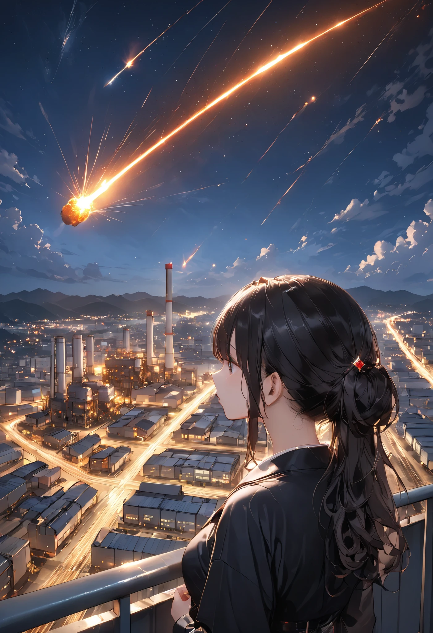 from the top of a small mountain、The factory in front of you、Factory night view、It looks like a jewel、Illuminations by llena de va、Girl watching 、meteor、空から降り注ぐmeteor、無数のmeteor群、