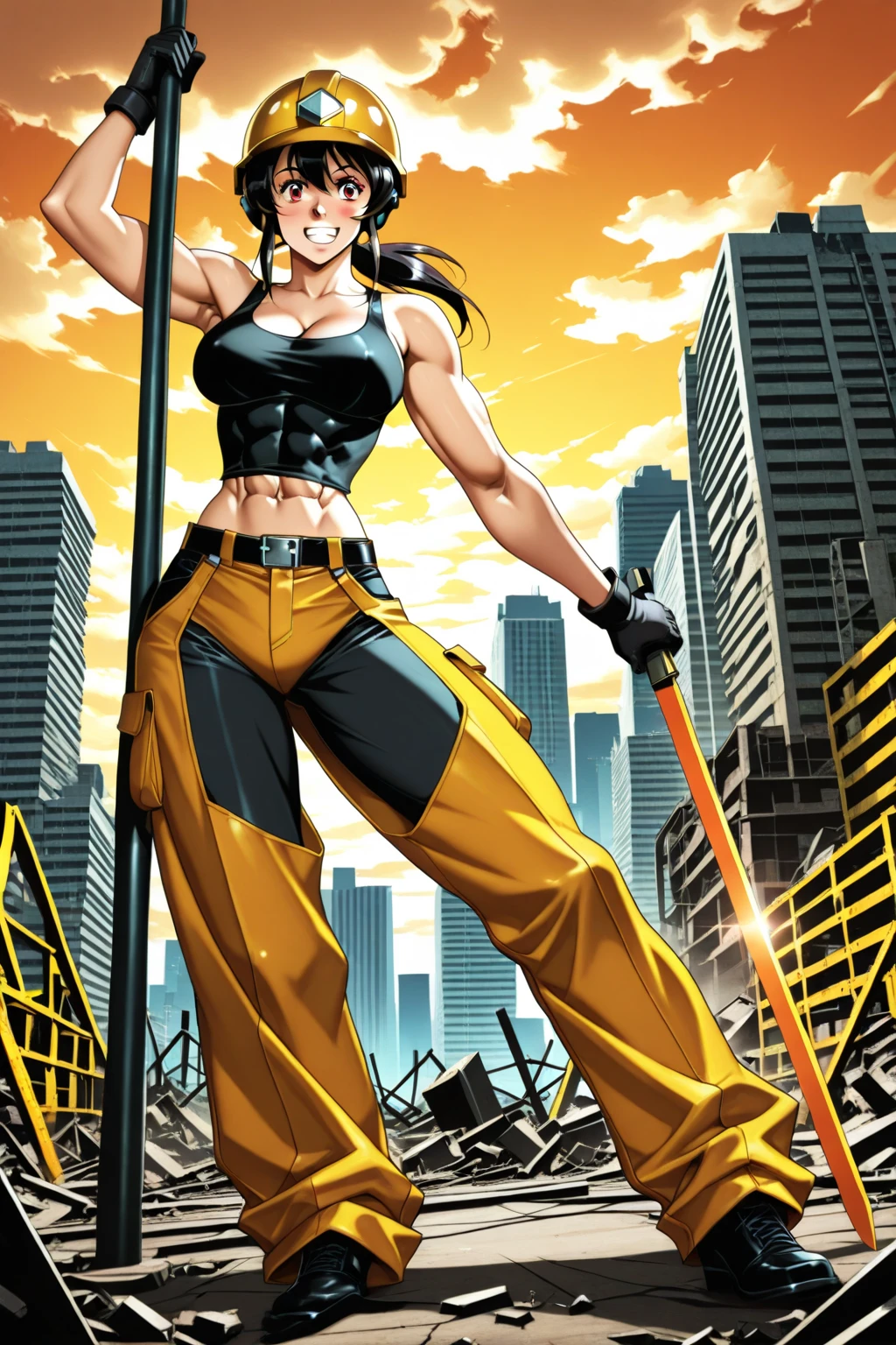 A stunning anime illustration of a , muscular female character with long, flowing black hair. She is dressed in a revealing blacktop, white shorts, and black gloves, showcasing her toned physique. The character is poised in a powerful martial arts pose, her intense gaze focused on the viewer. The background features a cityscape with modern buildings and a city skyline. The overall art style is sleek and bold, with strong lines and vibrant colors., illustration, anime