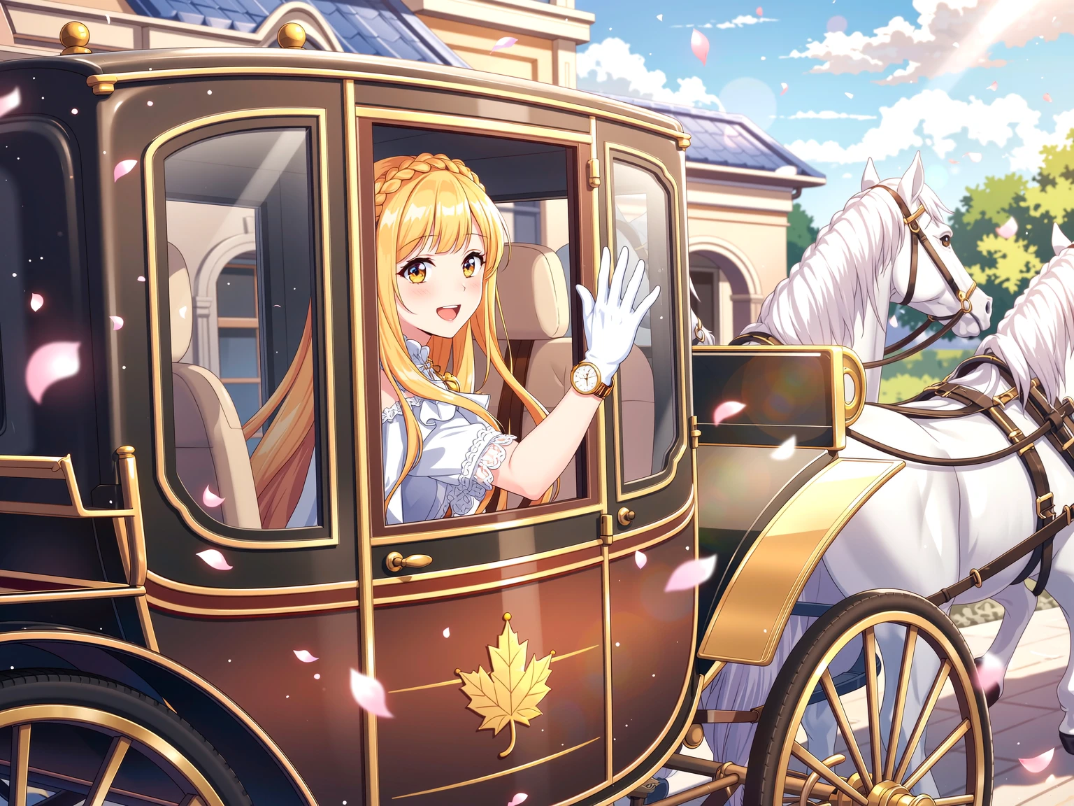 Close-up of an 18-year-old noble daughter joyfully receiving a golden wristwatch from her father
focus on daughter's delighted face, large round golden eyes, straight long golden hair, smooth fair skin, subtle smile
daughter holds the golden wristwatch with both hands, front visible
realistic anime style
BREAK
watch detail: small, delicate women's wristwatch, round dial, gold bezel, thin gold strap, elegant and refined, not overly ornate
father's hand reaching in to give the watch, soft lighting highlighting metal and hand details
BREAK
warm indoor light, soft bokeh background, subtle hints of luxurious medieval-style room, wooden furniture, tapestries
ethereal realism, high detail facial expressions and hands, watch gleaming subtly
BREAK
quality enhancement: ultra-detailed, ultra-realistic textures, cinematic lighting, sharp focus on face, watch, and hands, realistic reflections, intricate fabric folds, high resolution, photorealistic skin and hair
BREAK
negative prompt: deformed , extra limbs, low detail, messy background, harsh shadows, unnatural proportions, blurred faces, modern elements