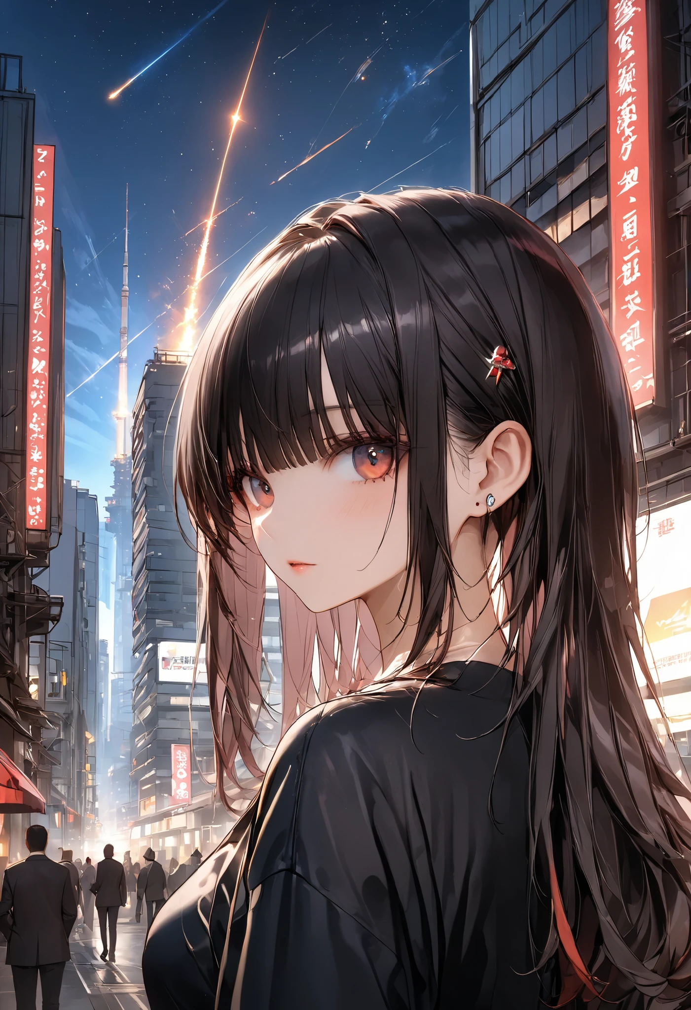 skyscrapersからGirl watching 、skyscrapers、The factory in front of you、Factory night view、It looks like a jewel、Illuminations by llena de va、Girl watching 、meteor、空から降り注ぐmeteor、無数のmeteor群、