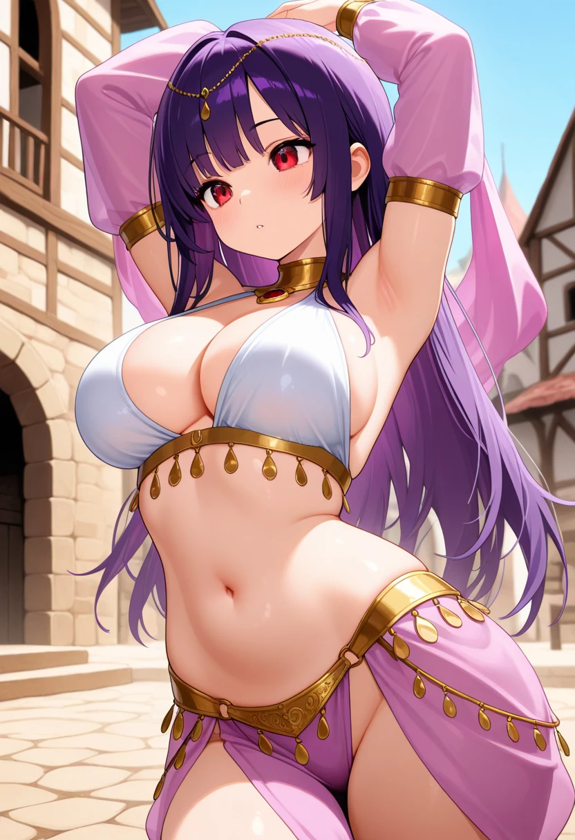  Anime Illustration、Anime Style、High resolution、Fantasy、Focus on people、Egyptian Outrageous Costume、Half  and spread legs、Ecstatic expression、A dark-skinned young priestess dancing wildly in an intoxicated state on a circular stage、Perfect proportions、Cowboy Shot、Very large breasts、Fatty legs、Sweaty、Nitocris