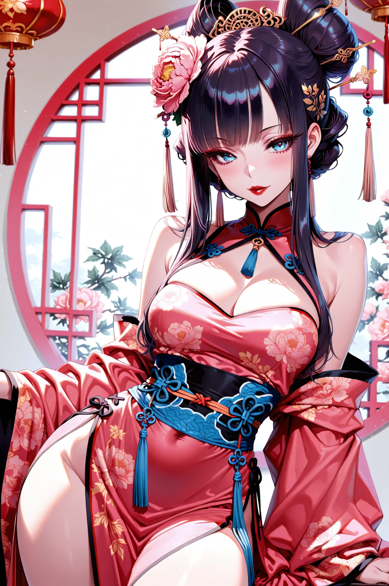 Period drama manga style　A 15-year-old super beautiful Chinese girl with black hair in a bun cut　She is held by both arms and is , wearing only a long sleeved Chinese dress, exposing her .